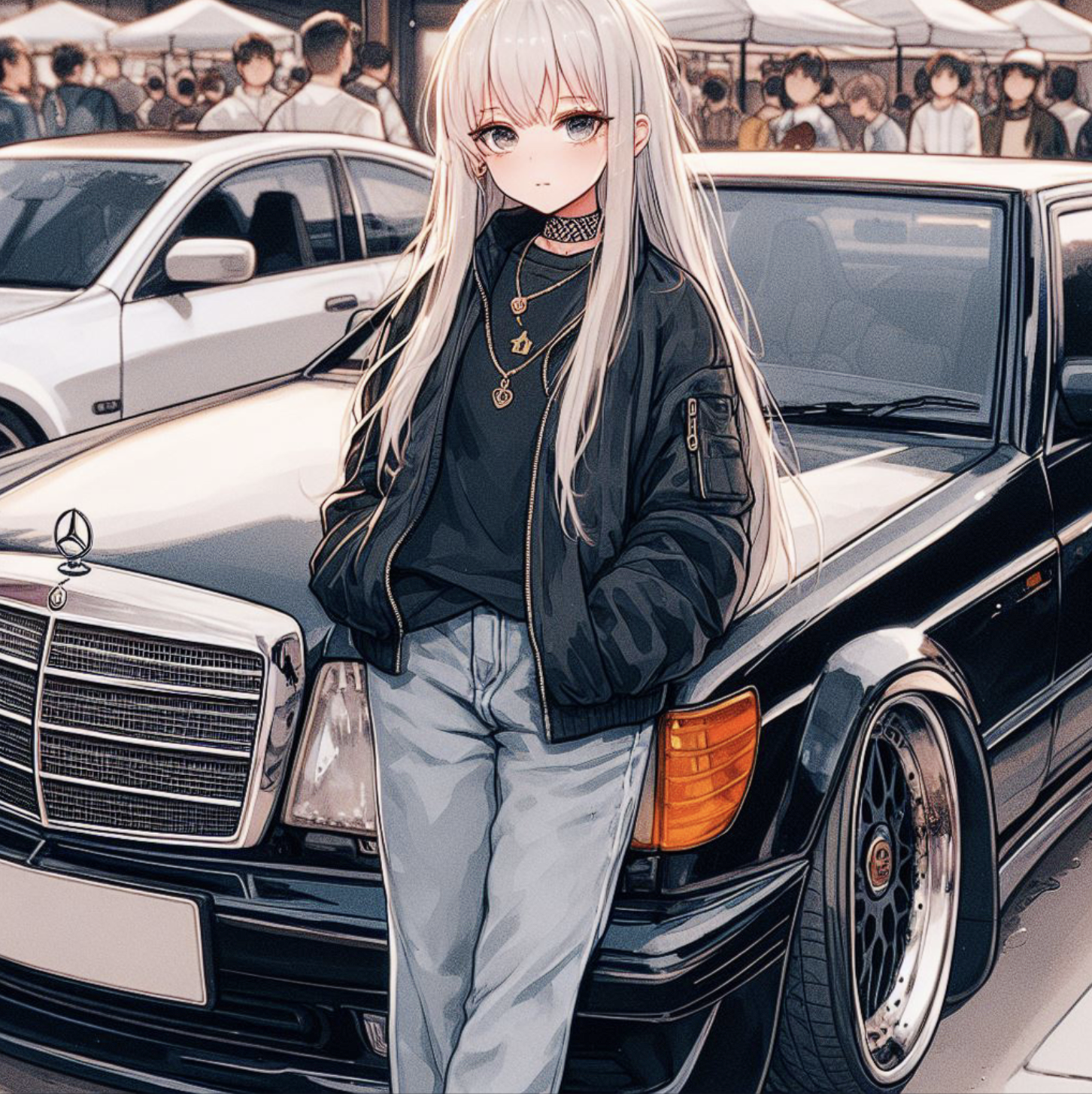 Anime 1452x1454 anime anime girls artwork car vehicle Mercedes-Benz jacket choker necklace car meets digital art AI art