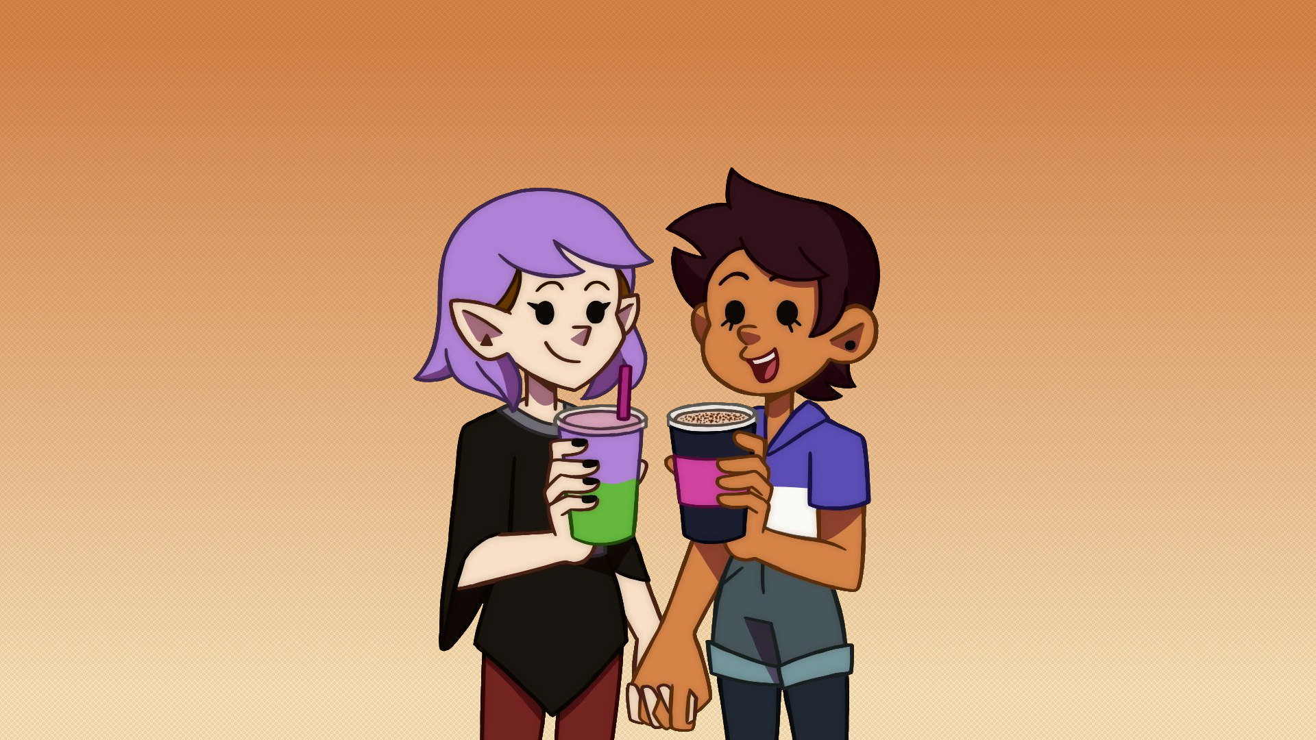General 1920x1080 Luz Noceda Amity Blight The Owl House fan art holding hands lesbians shorts short shorts leggings long shirt pink hair dyed hair brunette roots dark skin Disney drink smiling simple background chibi short hair collared shirt witch pointy ears drinking straw standing gradient fingers interlaced