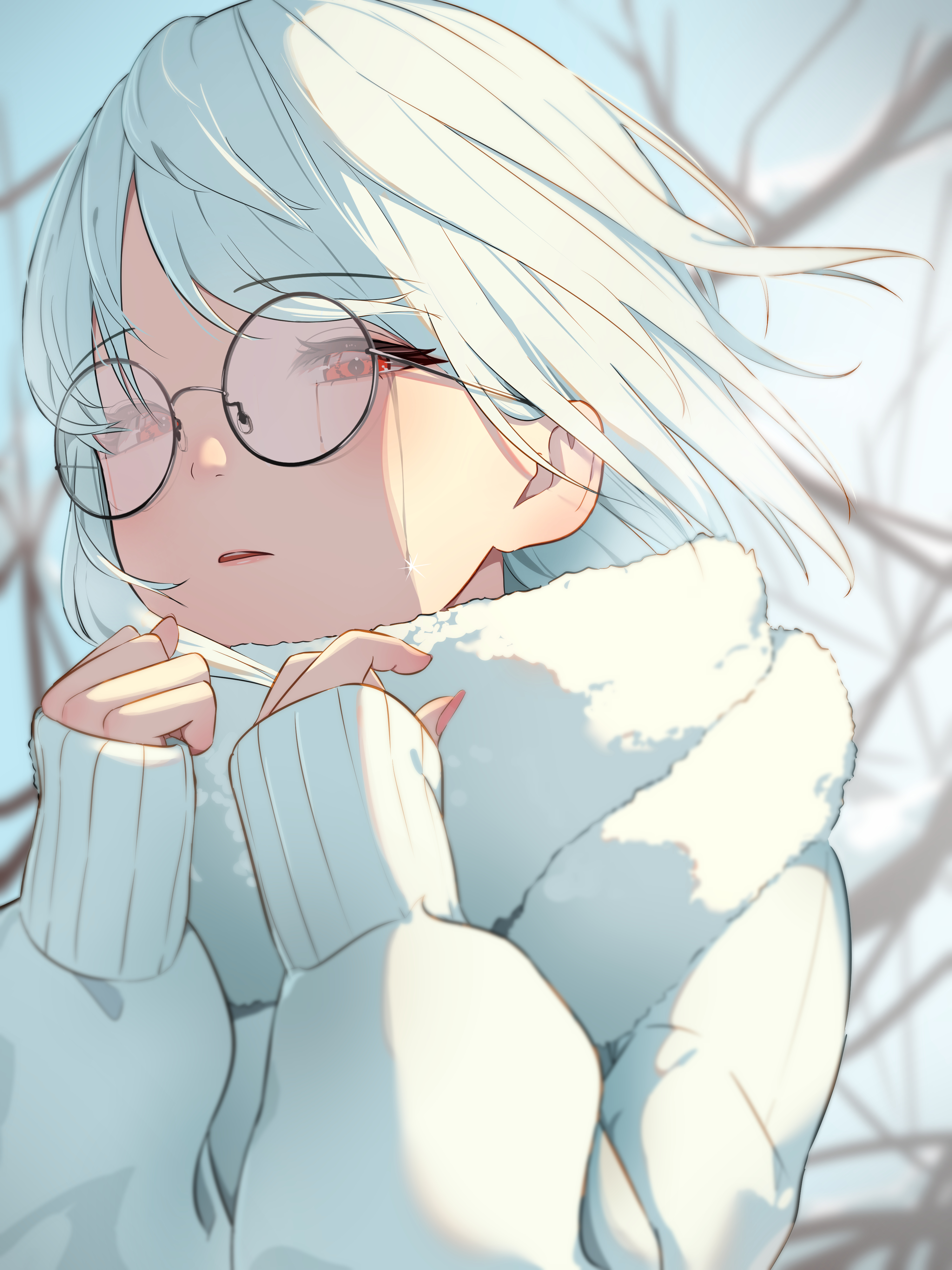 Anime 3000x4000 anime anime girls cold winter jacket glasses white hair red eyes looking away white clothing crying