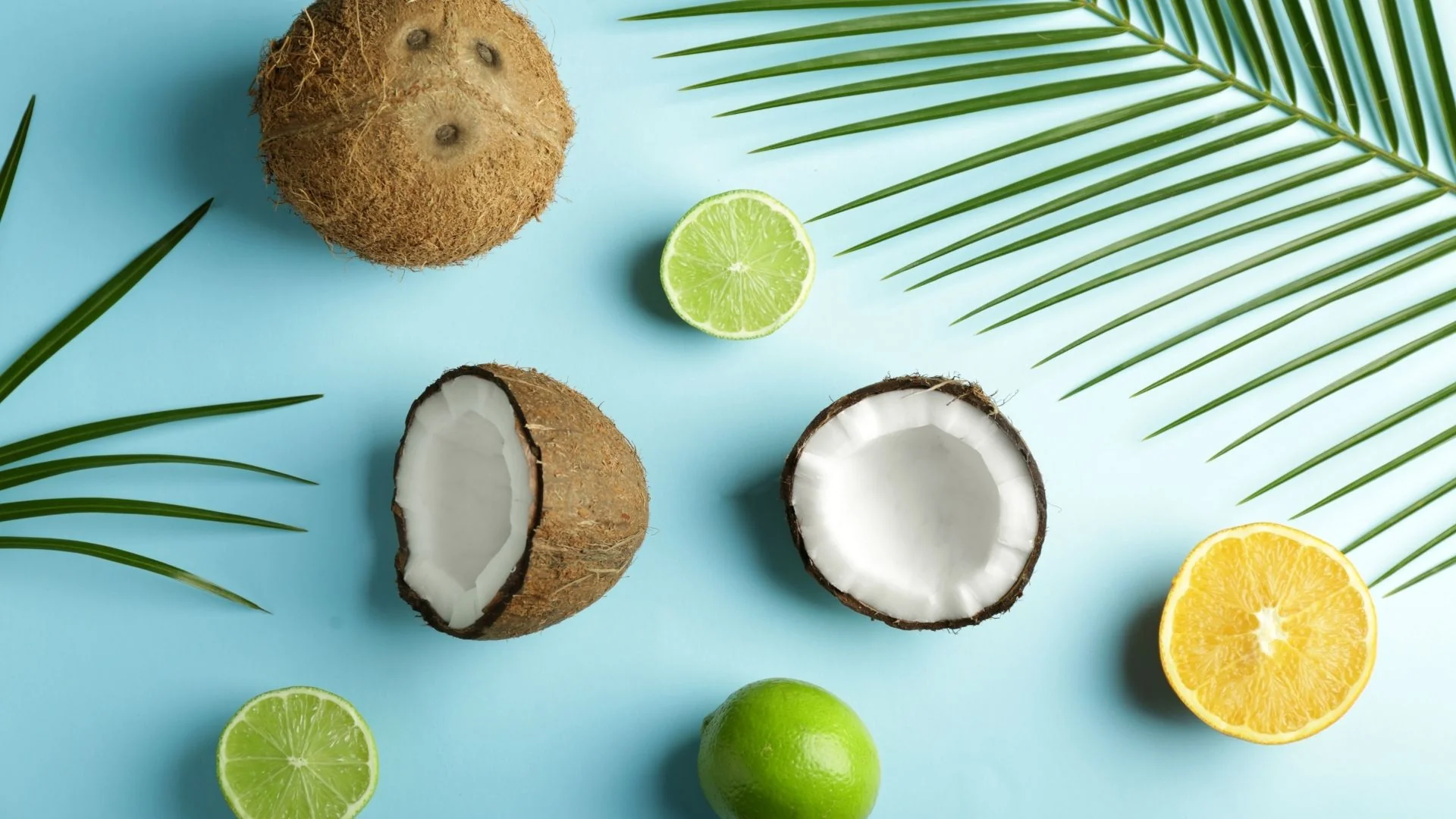 General 1920x1080 coconuts palm frond lime simple background food fruit