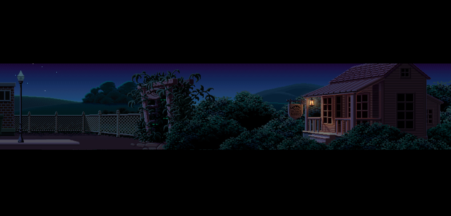 General 1800x864 pixel art wide angle Thimbleweed Park Mark Ferrari digital art house night stars sky lantern hills eyes