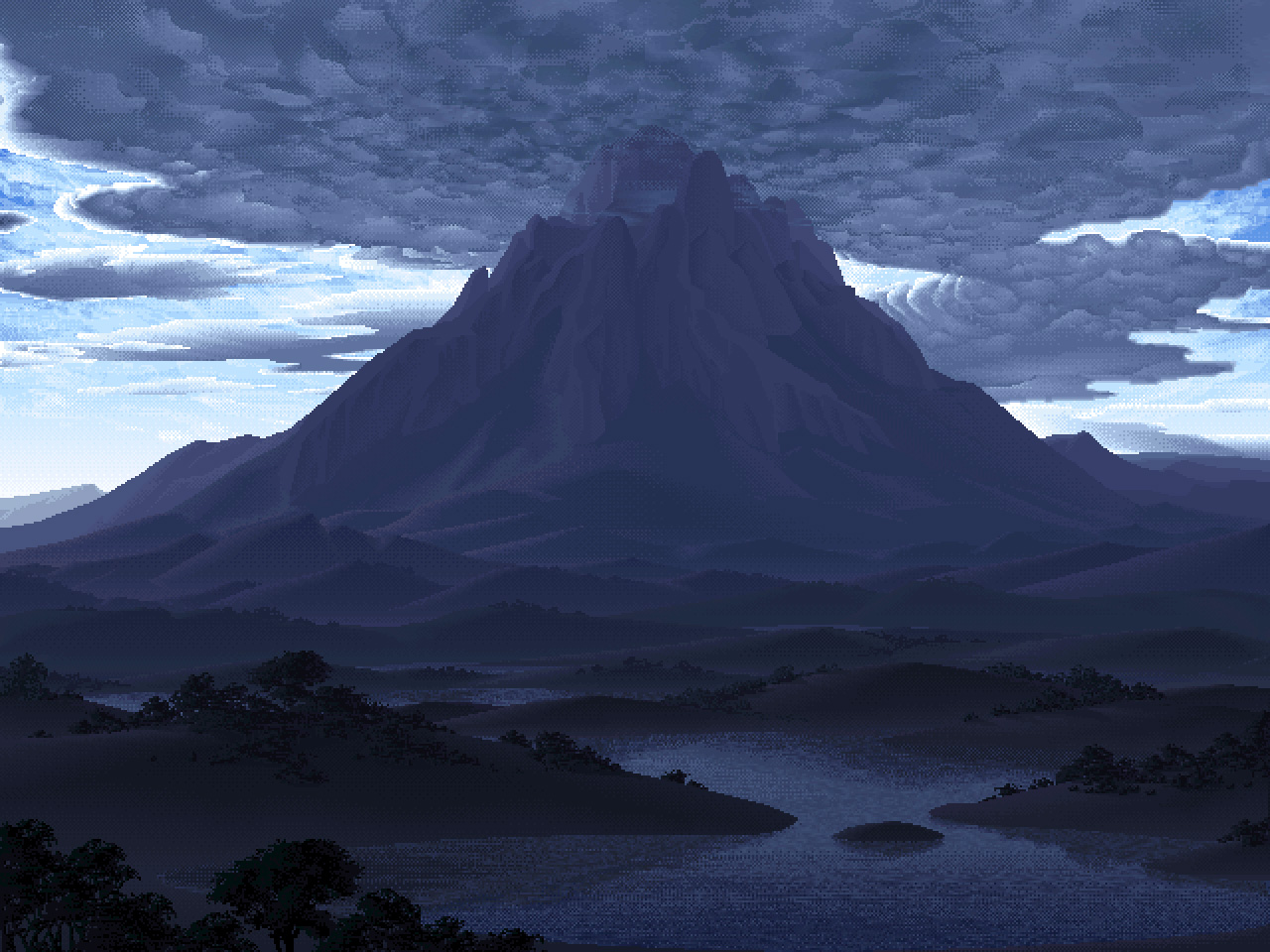 General 1280x960 nature pixel art mountains clouds Mark Ferrari digital art sky landscape hills water
