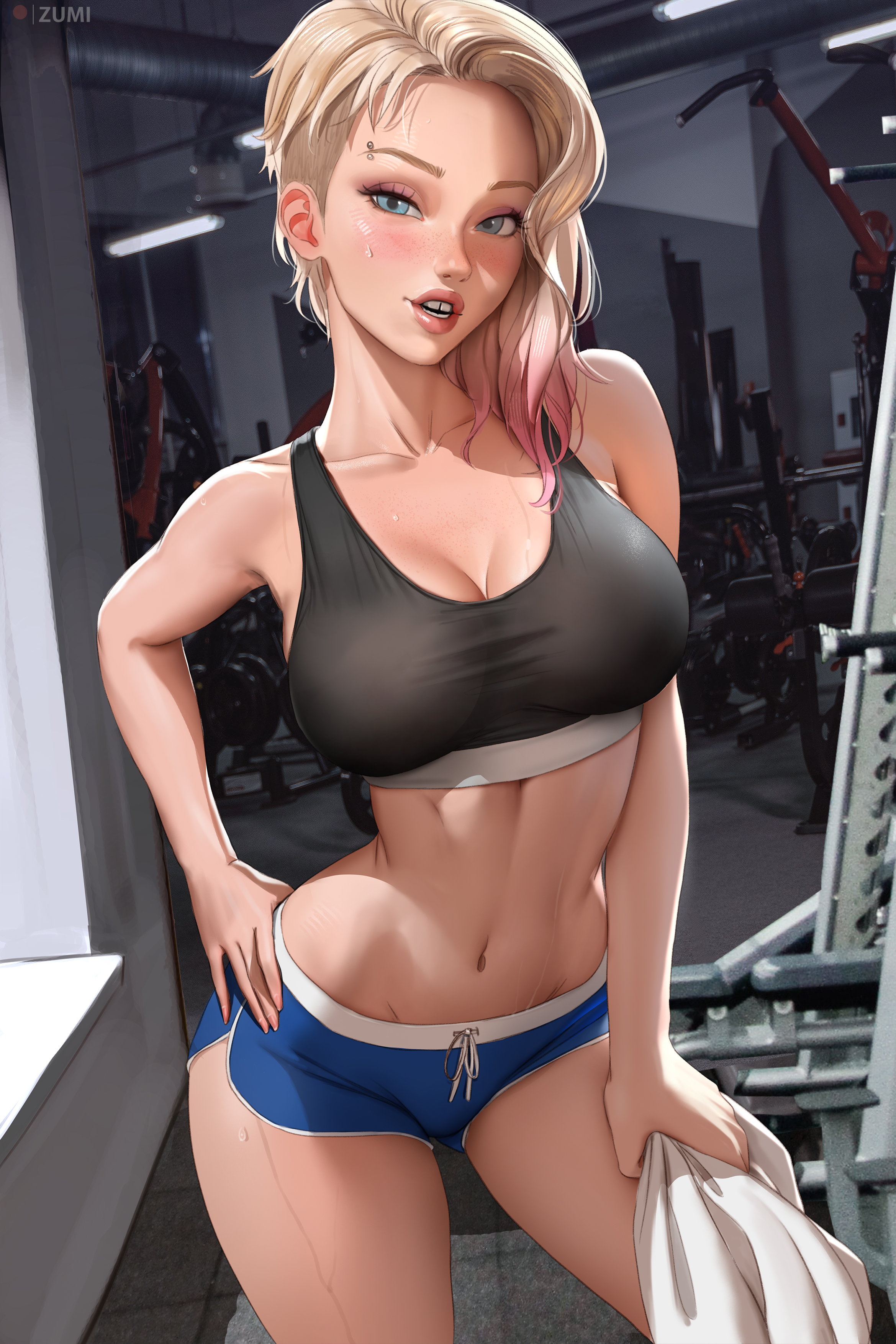 General 2339x3508 Gwen Stacy marvel character gyms sportswear artwork drawing fan art digital art Zumi portrait display standing collarbone short hair gradient hair two tone hair cleavage big boobs gym clothes parted lips gym equipment skinny dolphin shorts tank top hands on hips towel sweaty body freckles piercing looking at viewer women