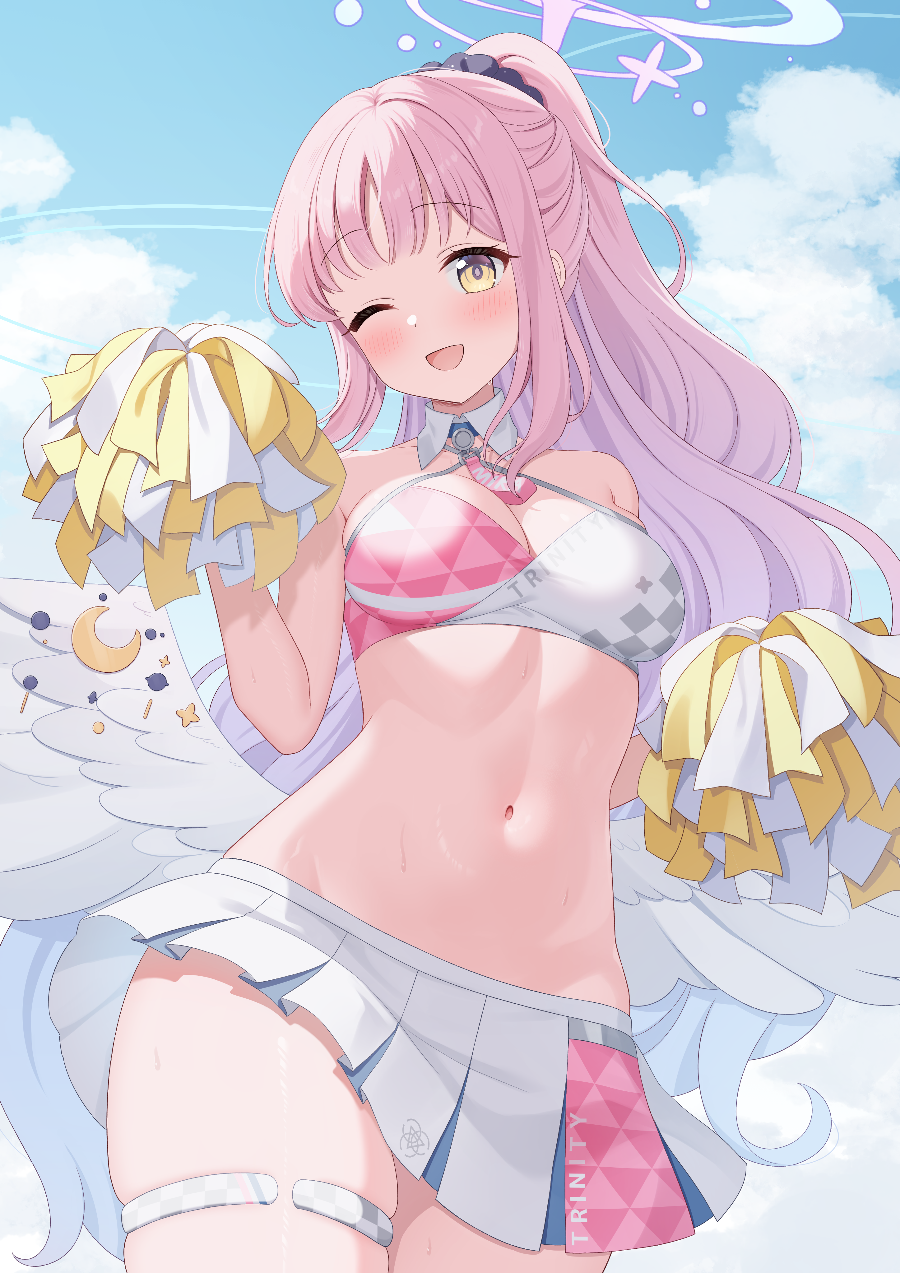 Anime 2894x4093 anime anime games anime girls Blue Archive Misono Mika kurumi lm portrait display long hair looking at viewer blushing cheerleaders skinny thigh strap skindentation ponytail pink hair yellow eyes bare shoulders miniskirt sunlight clouds sky wings standing pompoms cleavage thighs open mouth skirt one eye closed wink
