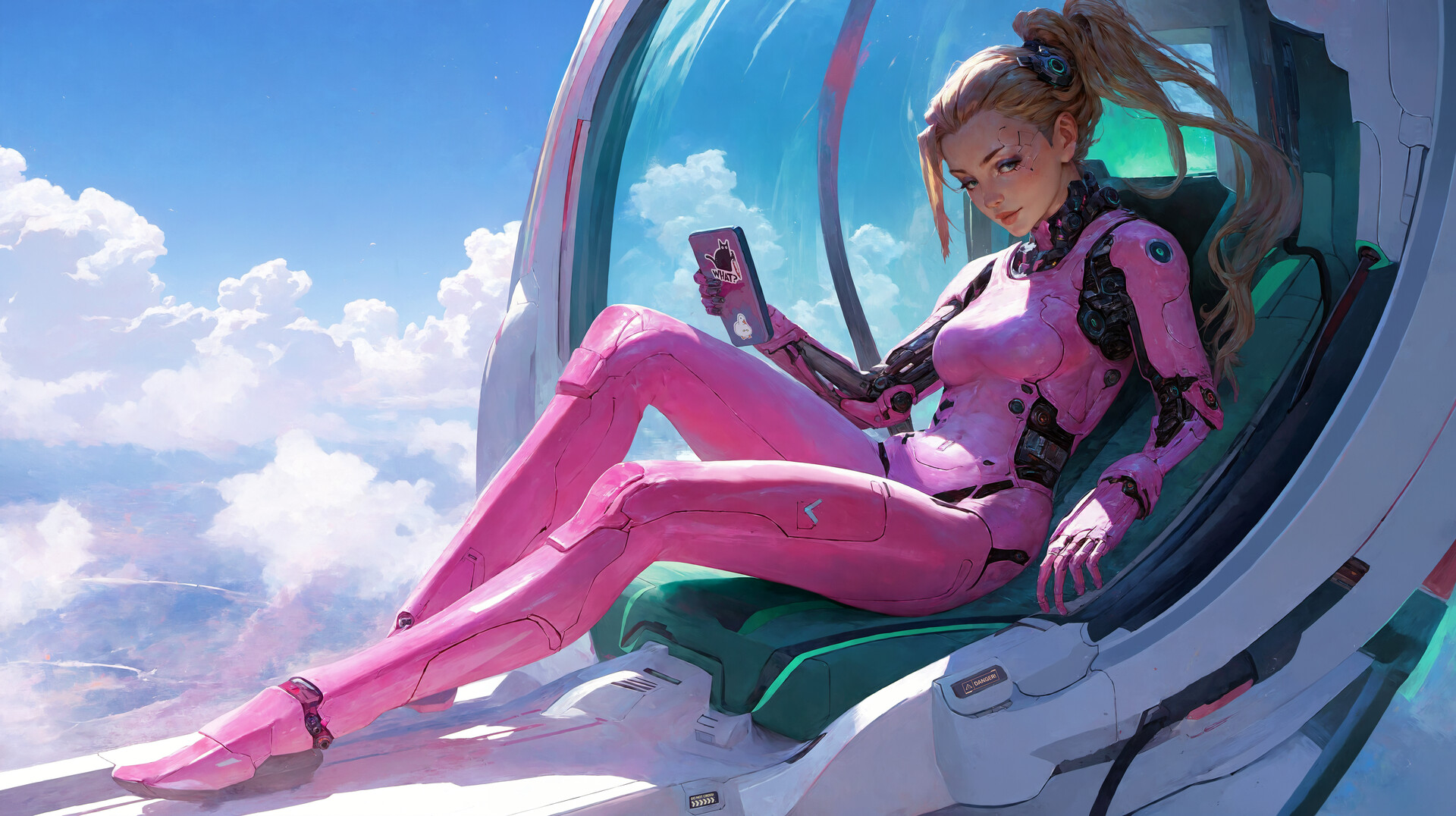 General 1920x1076 Eugen Ich drawing ponytail pink phone capsule AI art