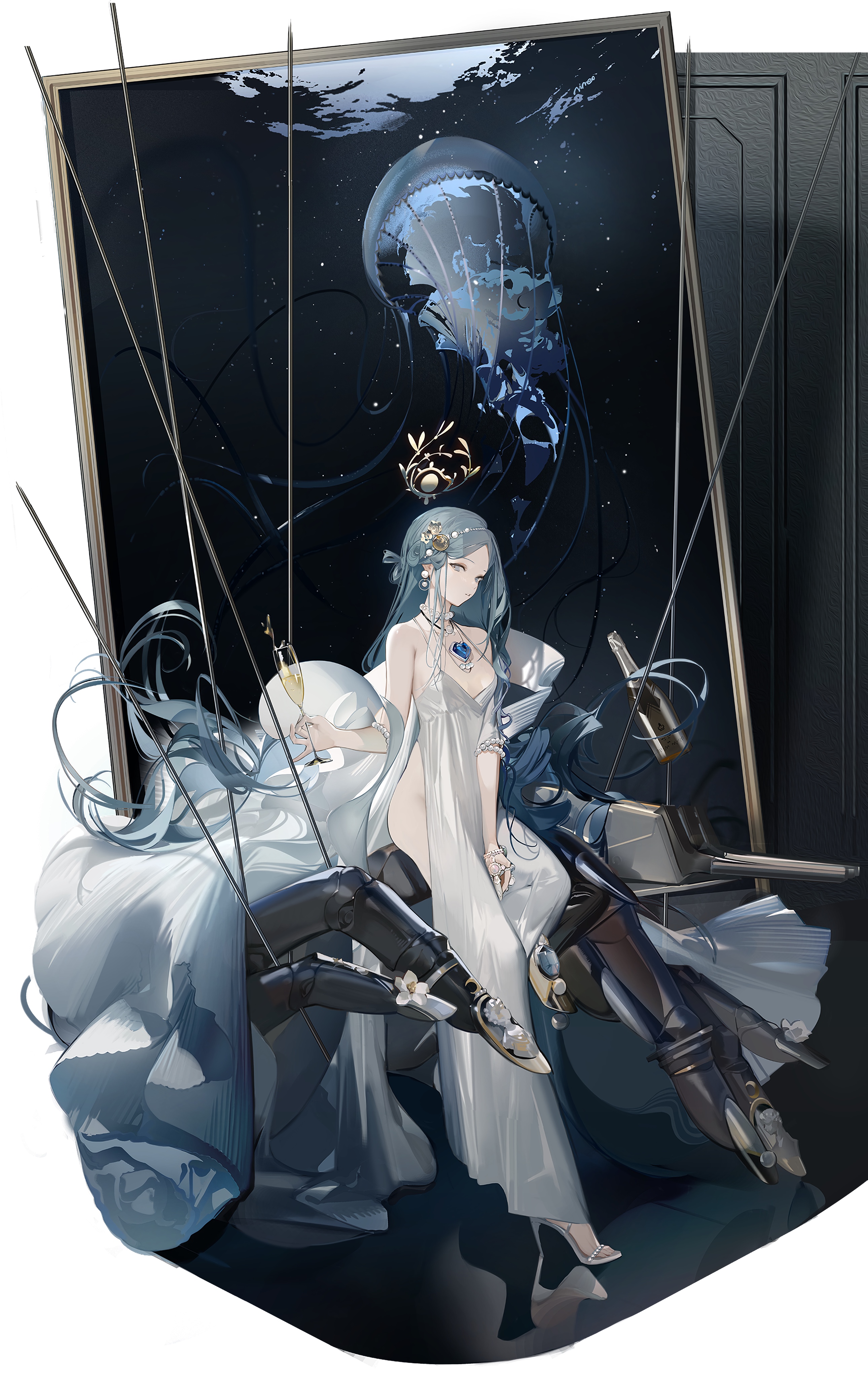 Anime 2580x4096 anime anime girls portrait display dress thighs long hair looking at viewer champagne sitting earring jellyfish heels reflection pearl bracelet