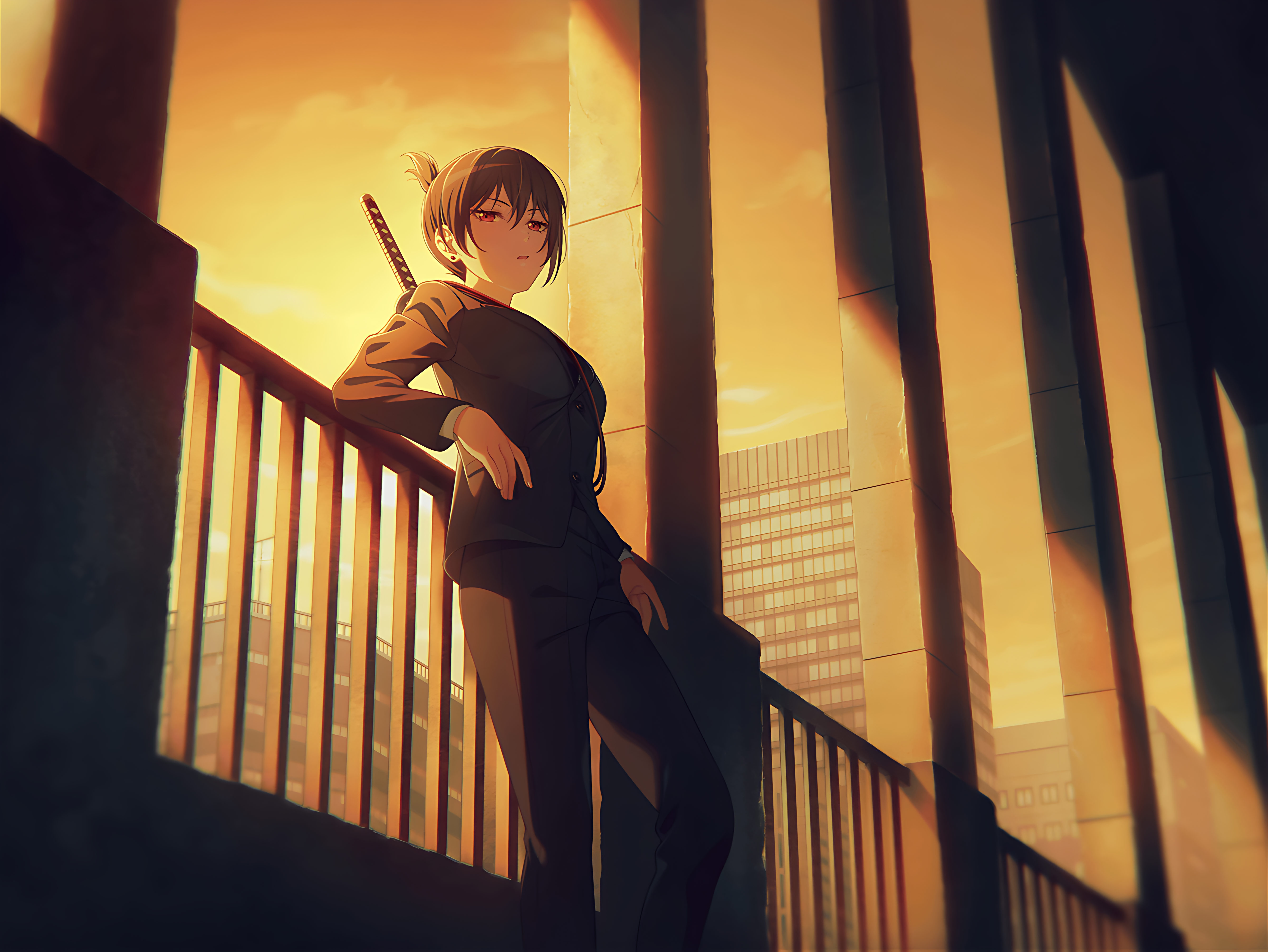 Anime 5336x4008 BanG Dream! anime anime girls Chainsaw Man Rui Yashio crossover uniform short hair looking at viewer sunset sunset glow standing building