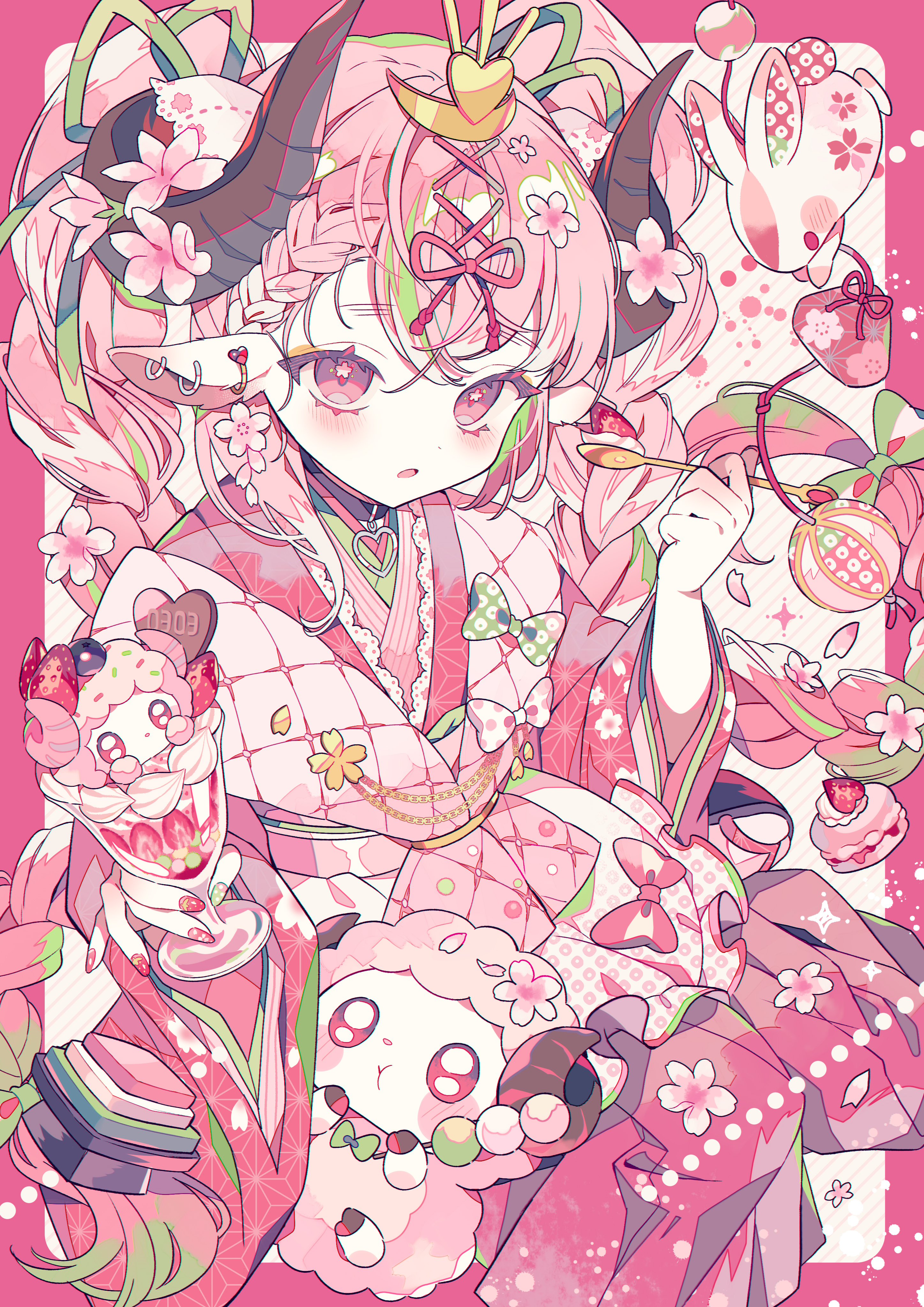Anime 2894x4093 anime anime girls portrait display long hair braids flower in hair flowers petals looking at viewer kimono horns twintails sweets parfait blushing rabbits animals sheep