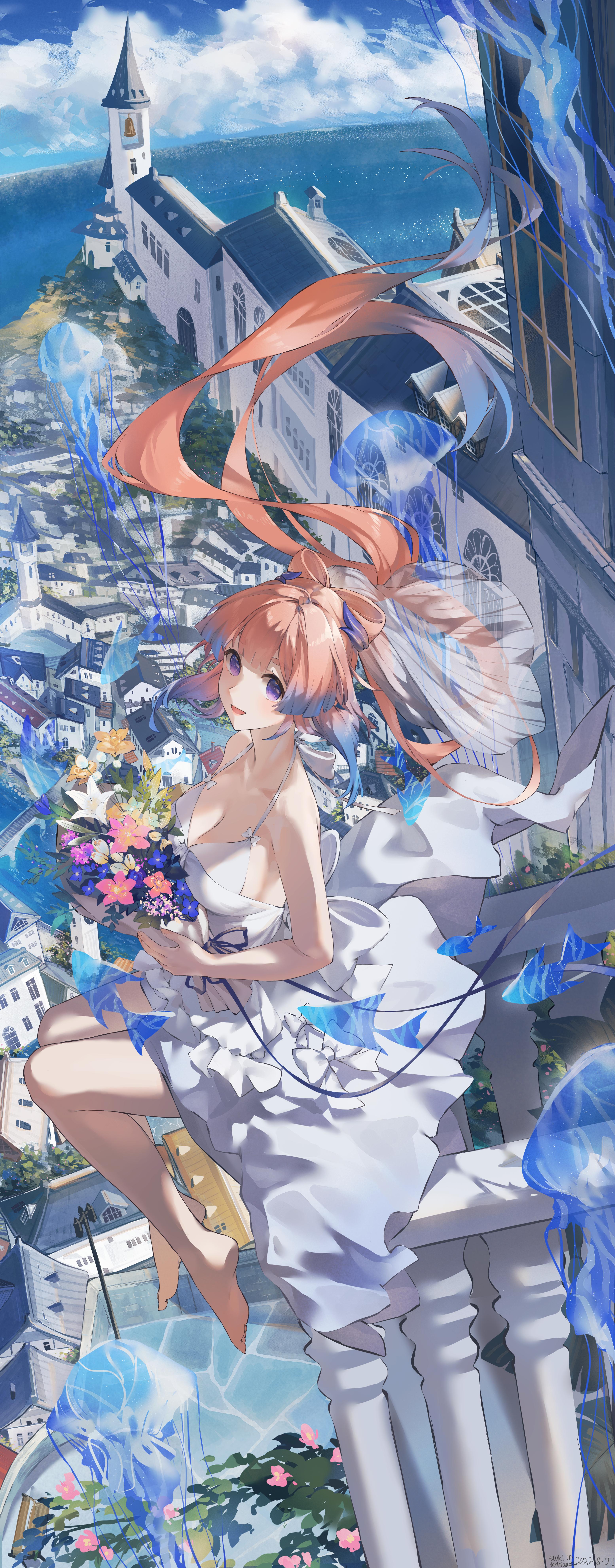 Anime 3109x7920 Genshin Impact anime Sangonomiya Kokomi (Genshin Impact) anime girls long hair gradient hair two tone hair flowers dress cleavage big boobs sitting feet clouds portrait display cityscape looking at viewer fish jellyfish animals building