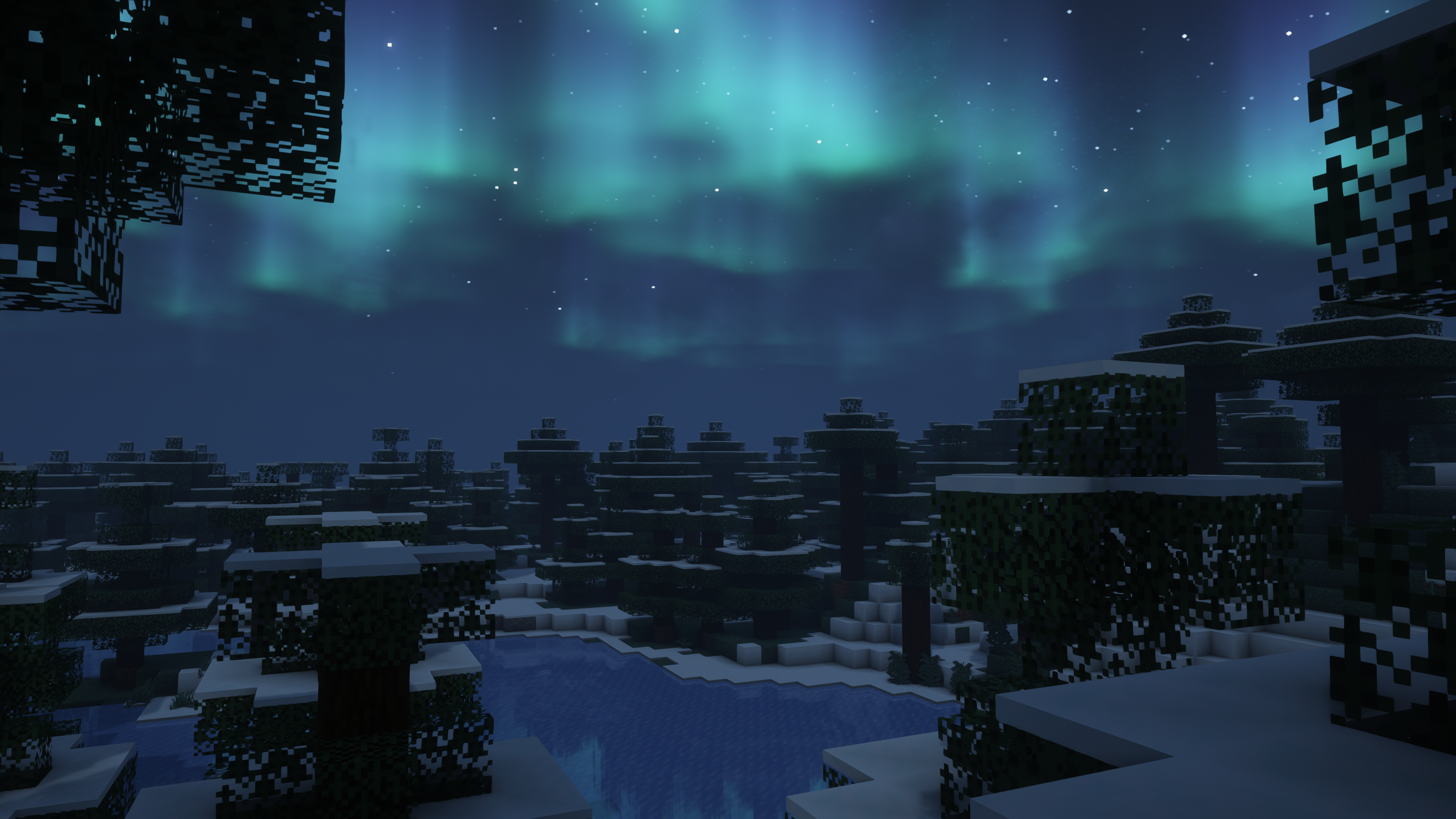 General 3840x2160 Minecraft aurorae stars video games cube night sky trees snow CGI shaders