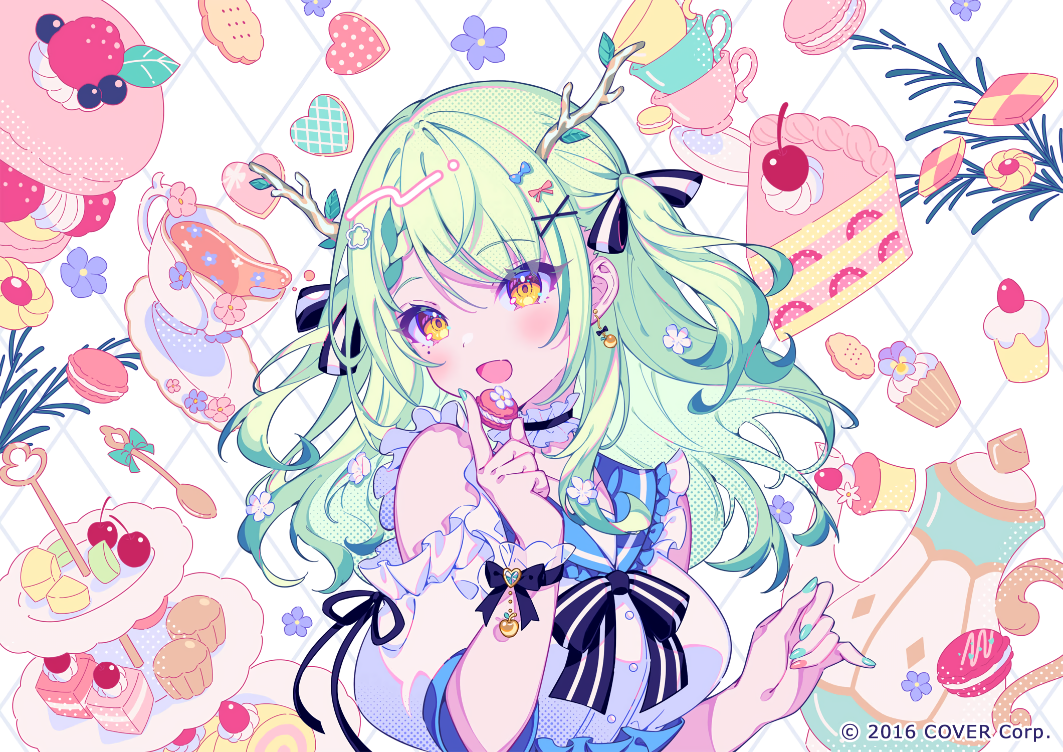 Anime 2121x1500 anime anime girls Ceres Fauna Hololive Virtual Youtuber long hair moles mole under eye blushing sweets tea macarons cake food bow tie green hair yellow eyes flower in hair earring choker painted nails looking at viewer