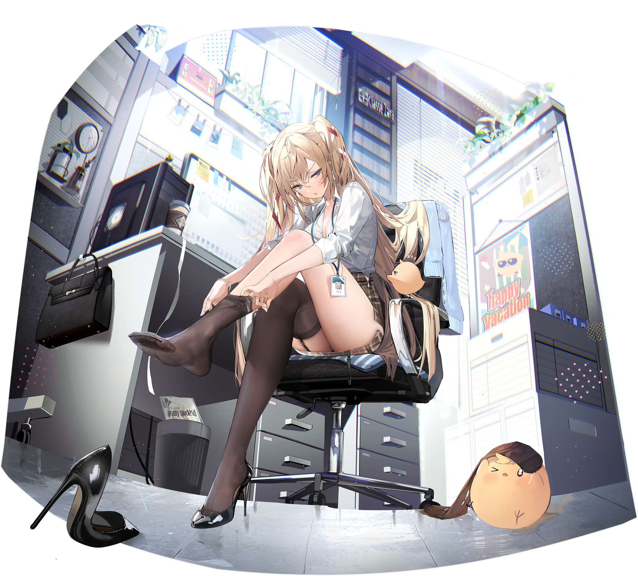 Anime 2048x1852 anime girls Azur Lane low-angle sitting stockings blonde long hair looking at viewer chair heels feet blue eyes office blinds sunlight purse getting dressed thigh-highs twintails