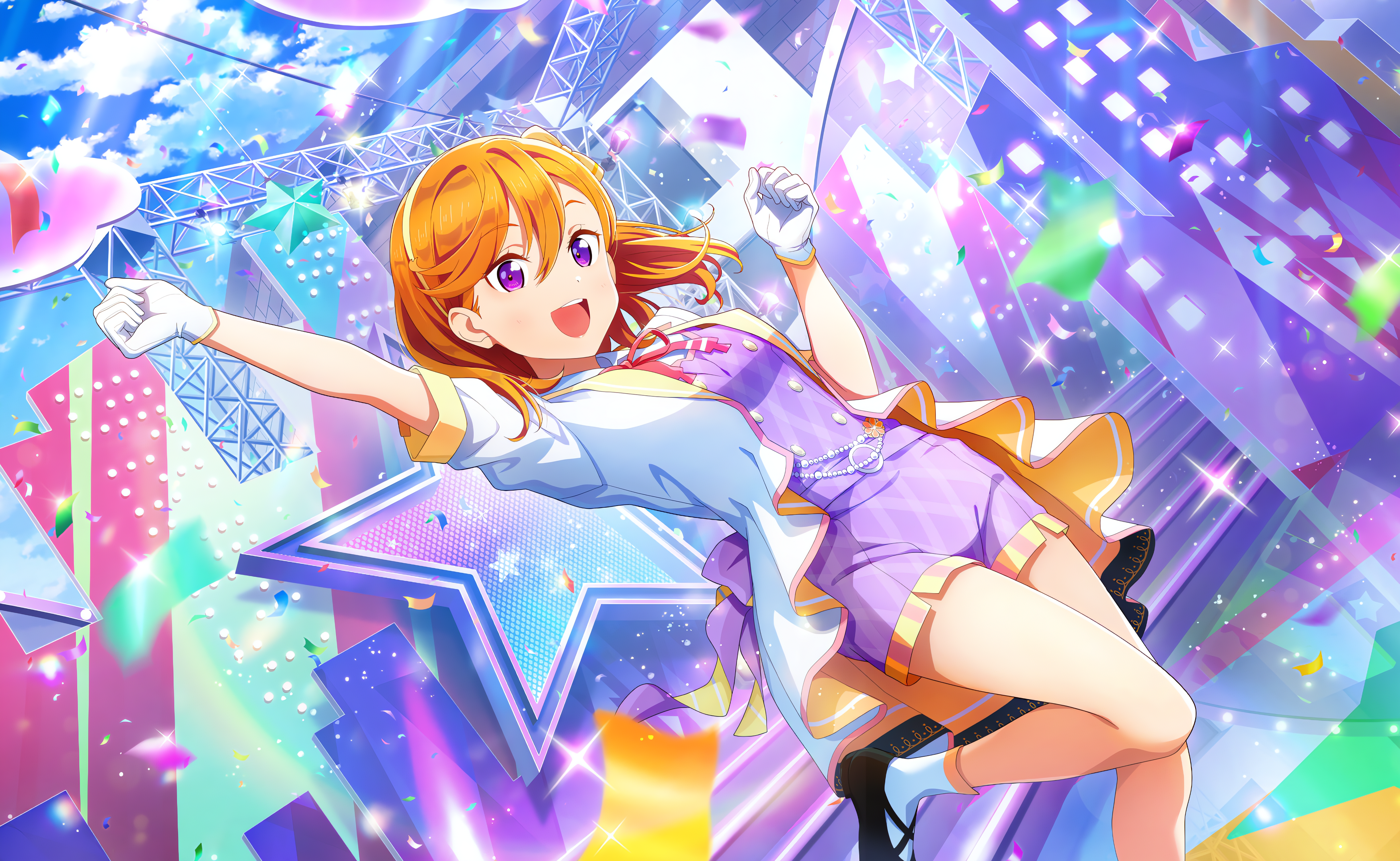 Anime 4096x2520 Shibuya Kanon Love Live! Love Live! Super Star!! anime anime girls gloves stages sky clouds looking at viewer stars open mouth happy stage light confetti