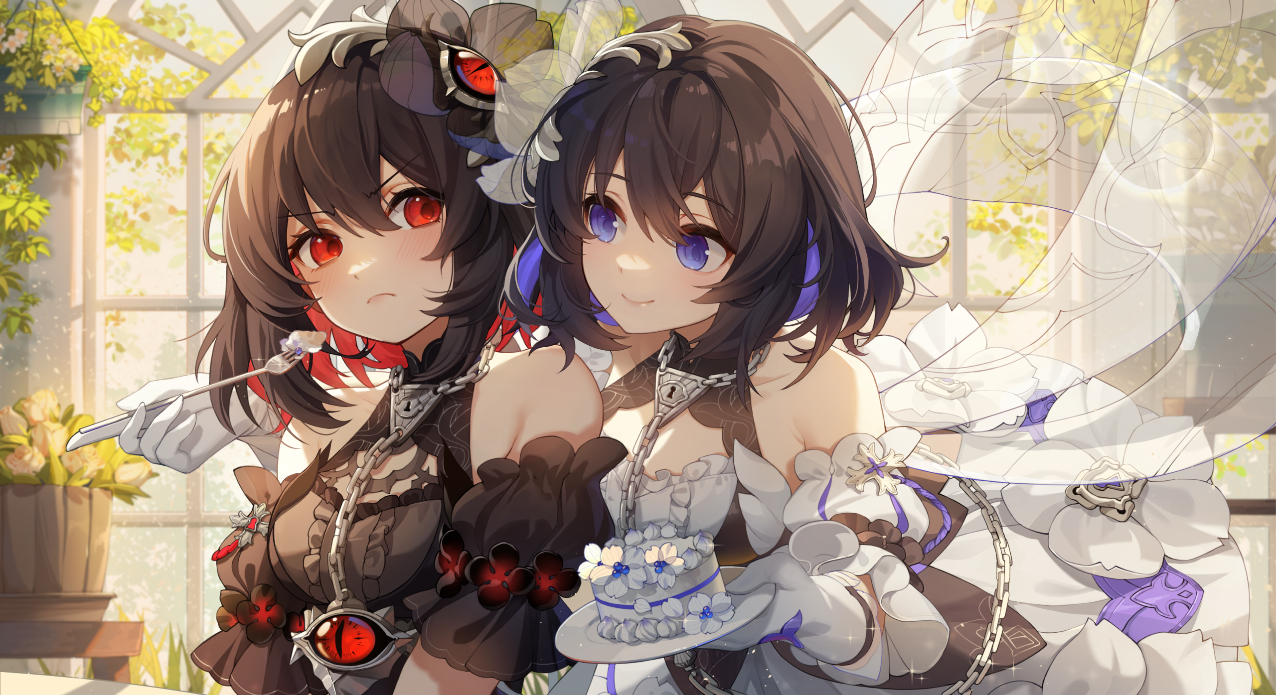 Anime 2560x1395 anime anime girls Honkai Impact 3rd Honkai Impact Seele Vollerei Seele maid maid outfit gloves fork frown smiling blushing flowers cake sweets short hair