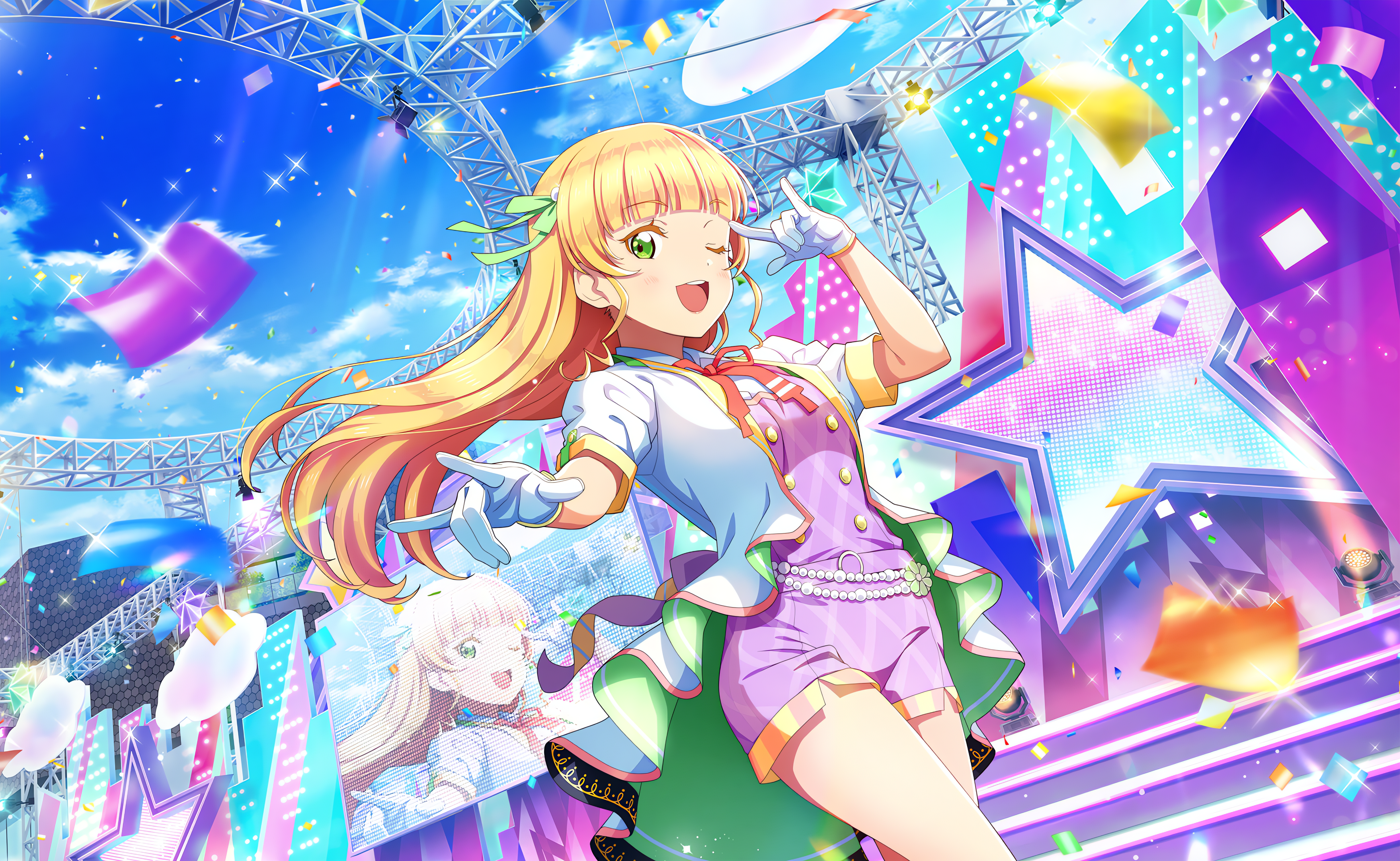 Anime 4096x2520 Heanna Sumire Love Live! Love Live! Sunshine anime anime girls one eye closed long hair gloves stars sky clouds standing confetti looking at viewer sunlight stages stage light uniform