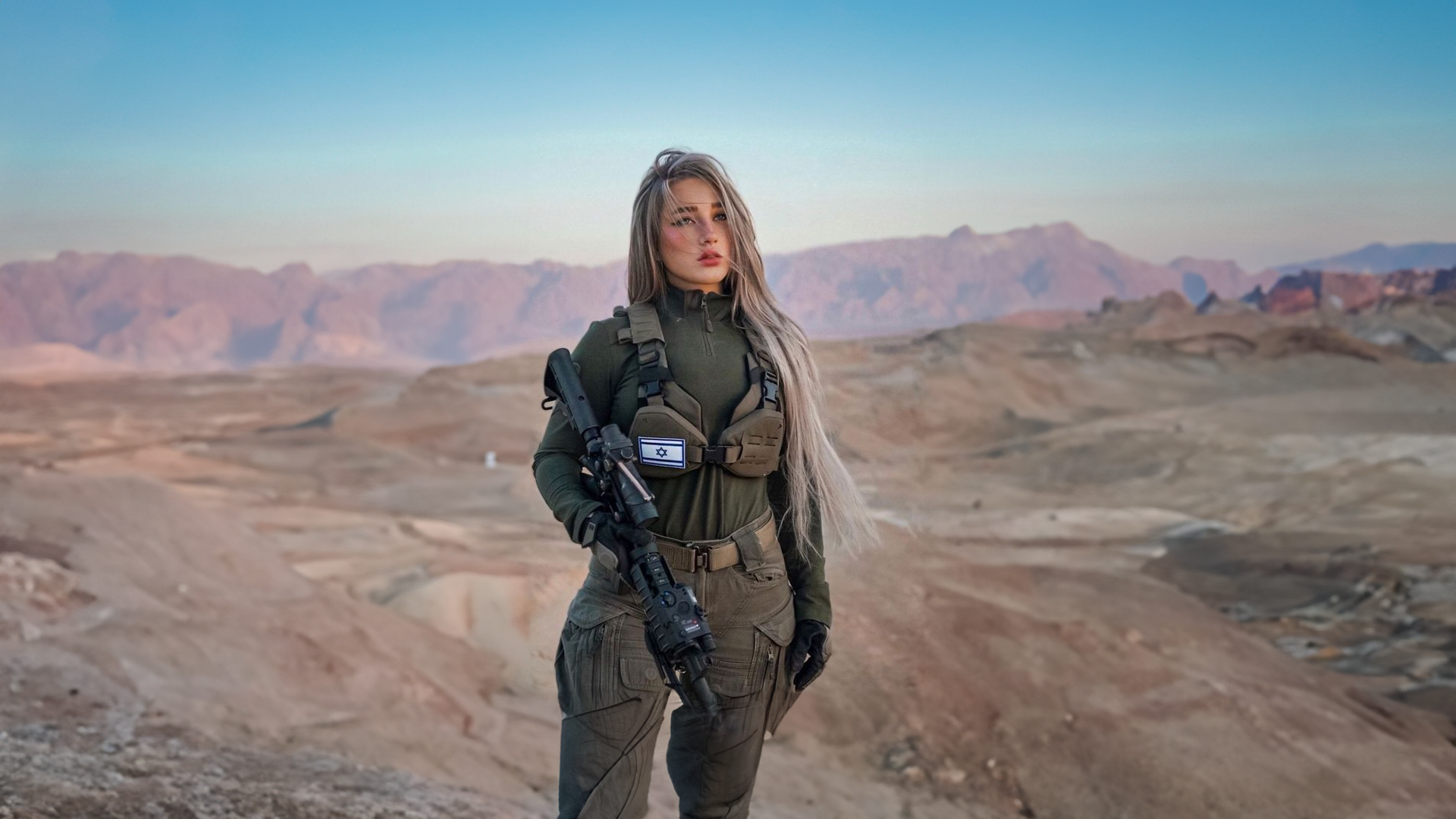 People 1920x1080 women military Israel Defense Forces women outdoors Natalia Fadeev girls with guns M4 blonde long hair soldier female soldier israeli flag