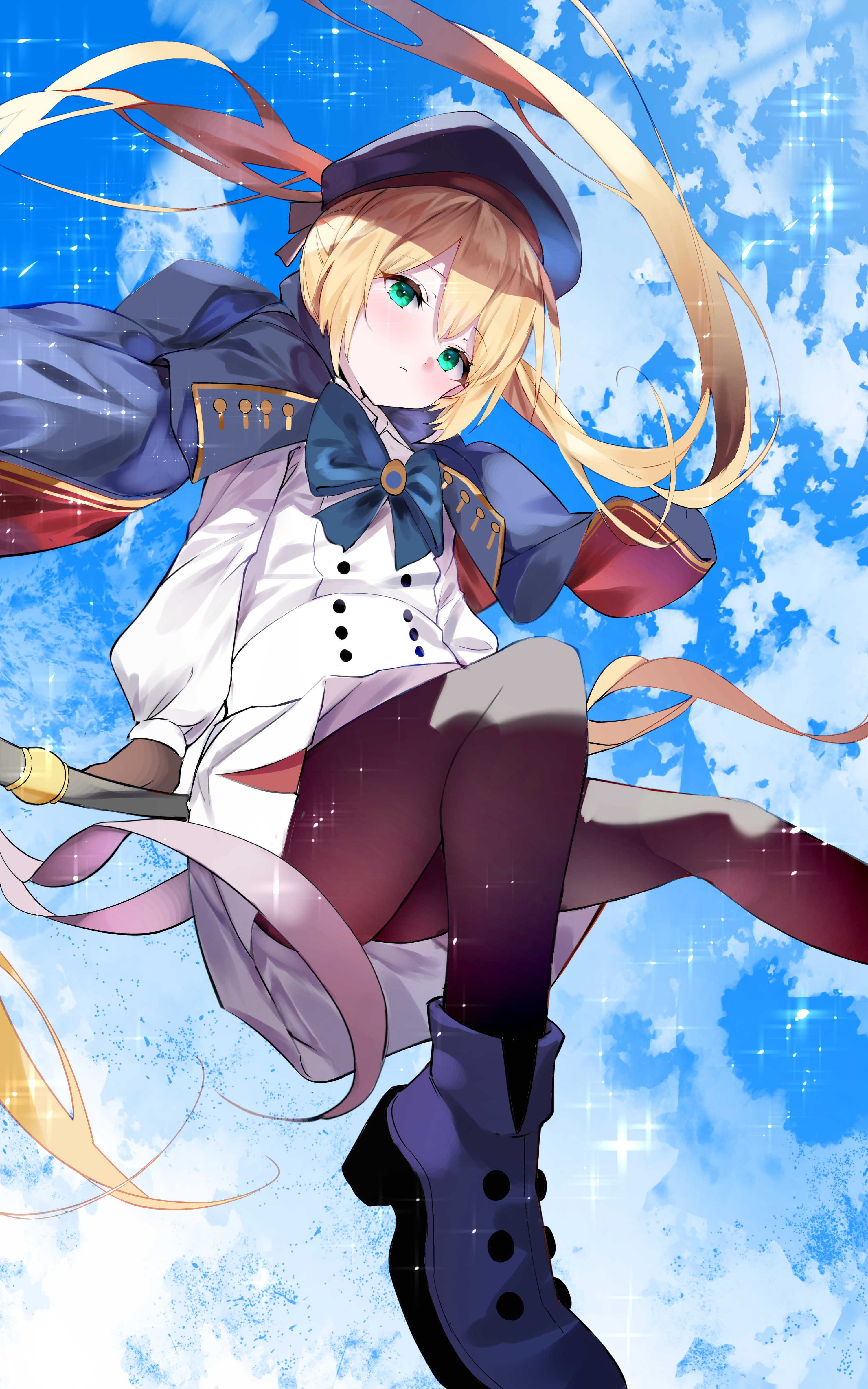 Anime 3000x4800 W (artist) Pixiv anime girls portrait display twintails hat blonde green eyes sky clouds looking at viewer bow tie uniform pantyhose long hair stars