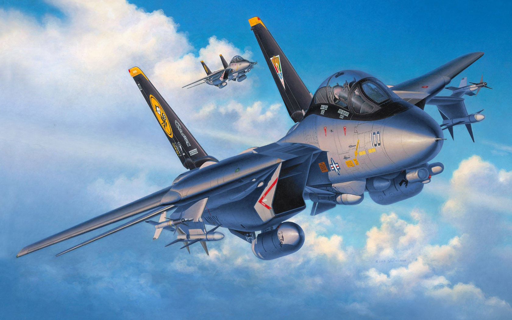 General 1680x1050 aircraft flying sky military clouds artwork F-14 Tomcat military aircraft jet fighter Egbert Friedl Boxart American aircraft missiles pilot United States Navy