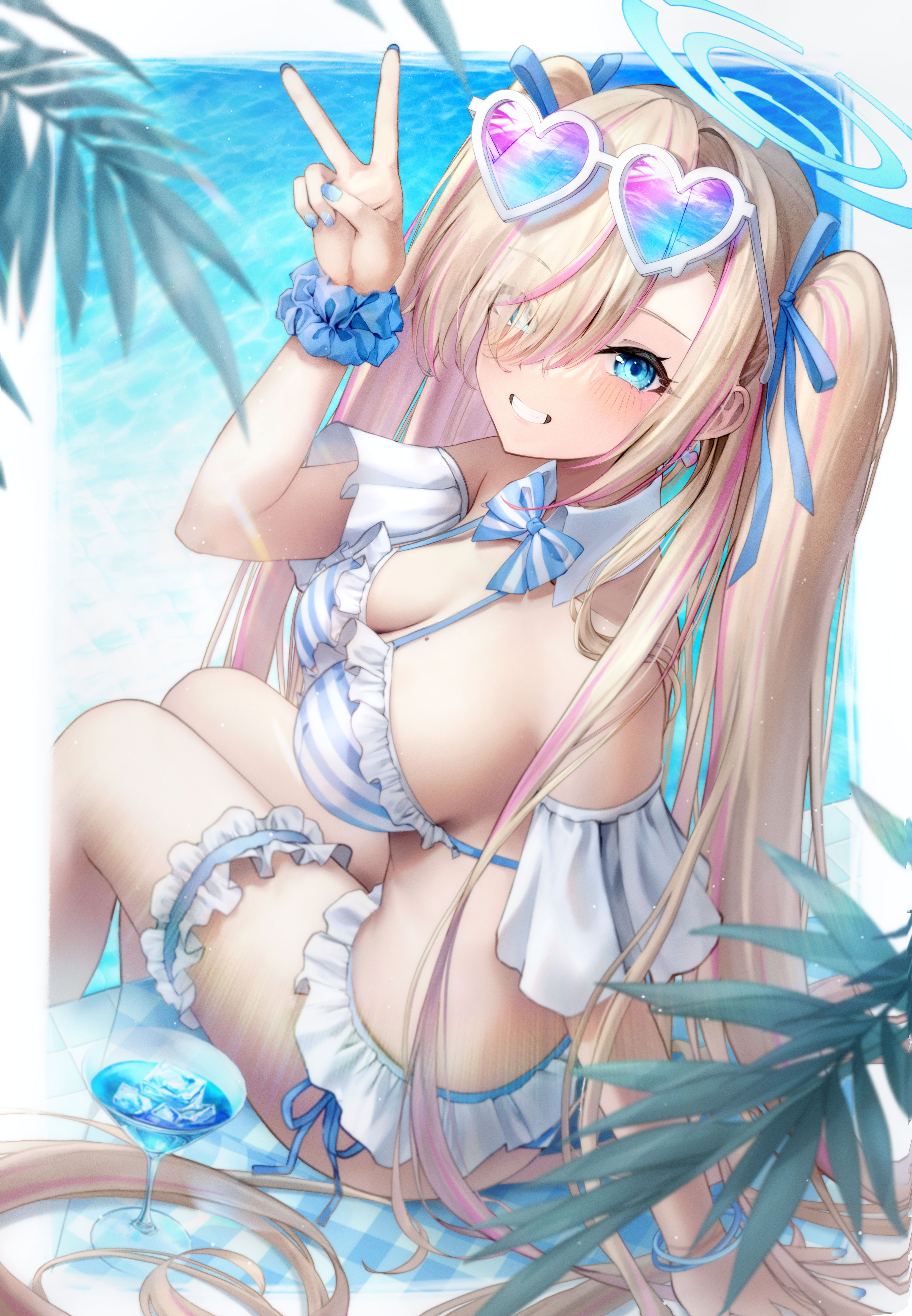 Anime 5371x7750 Blue Archive peace sign Asuna Ichinose bikini water looking at viewer looking back big boobs striped bikini blonde long hair mole on breast thigh strap swimwear blue eyes wristwear twintails blushing ribbon blue ribbons heart sunglasses drink sunglasses thighs together hair over one eye cocktails leaves multi-colored hair two tone hair cleavage arm support smiling hand gesture bow tie detached sleeves frills high angle 29hyeon blue nails sunlight open mouth sitting anime girls wine glass