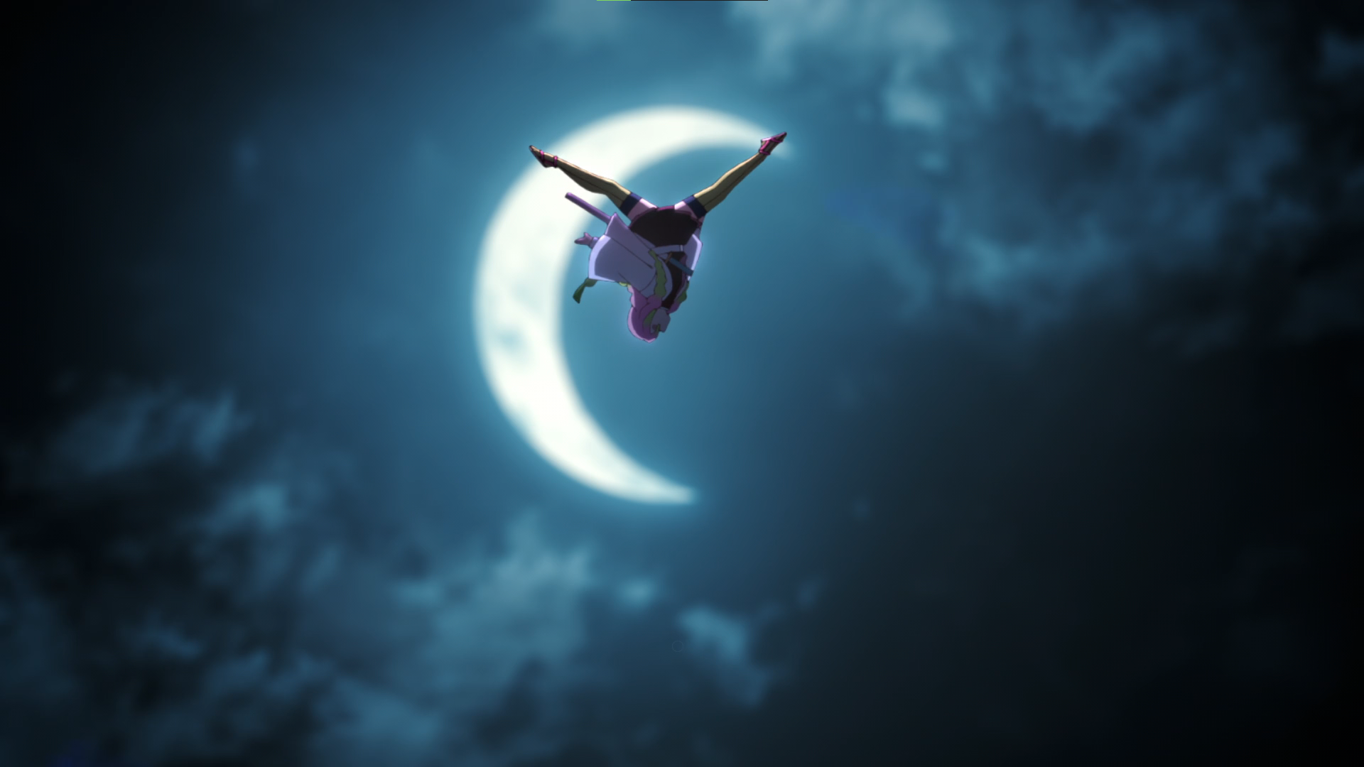 Anime 1920x1080 Kimetsu no Yaiba Moon crescent moon gymnast pink hair ombre hair anime anime screenshot anime girls flying night sky clouds uniform braids forest Mitsuri Kanroji