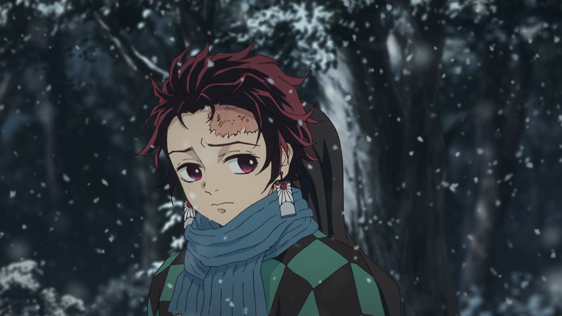 Anime 1920x1080 snow anime anime screenshot Kimetsu no Yaiba nature anime boys earring looking away trees scarf sad Kamado Tanjiro