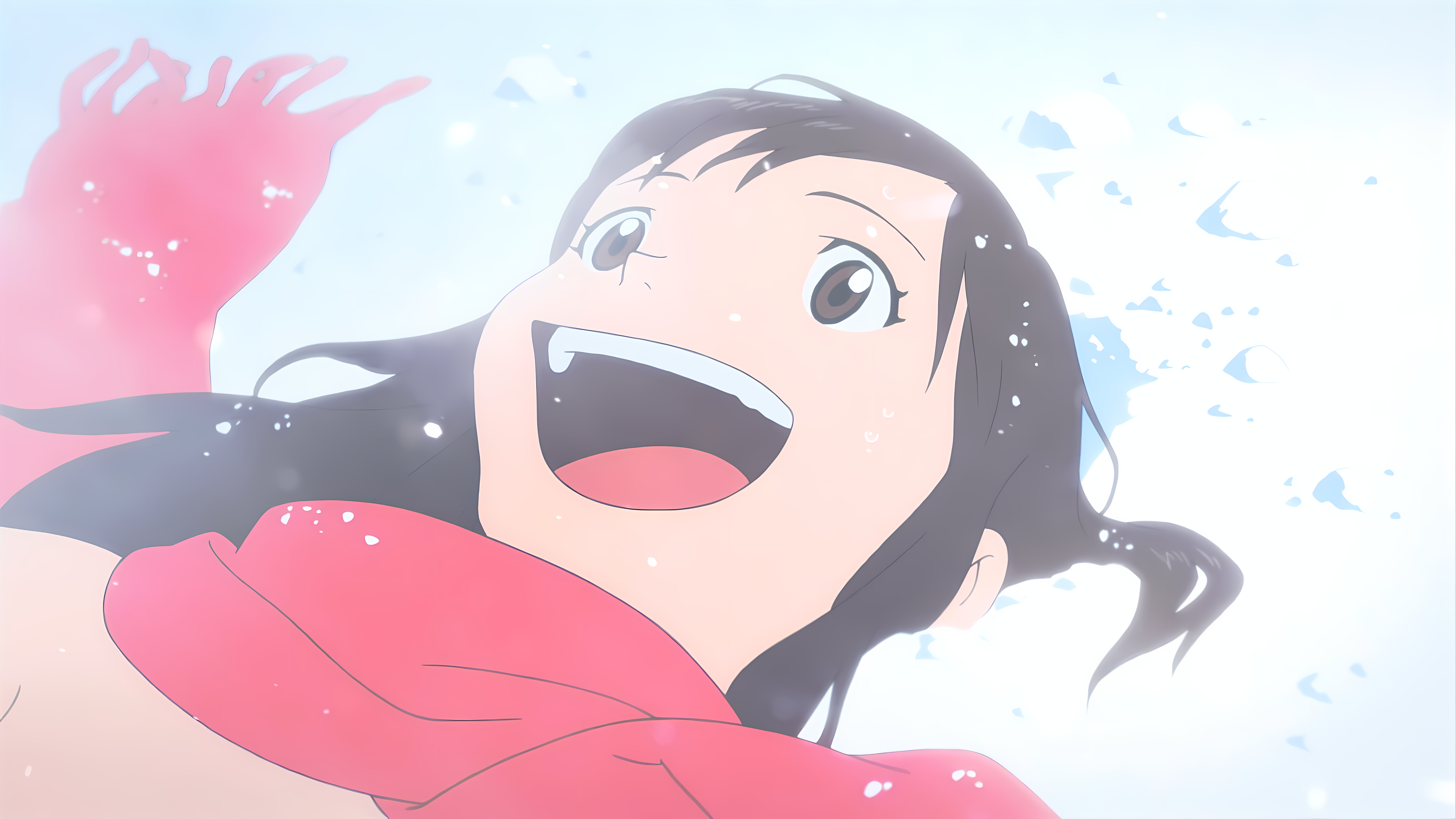 Anime 3840x2160 Wolf Children snow winter upscaled scarf anime girls Anime screenshot lying on back lying down long hair open mouth