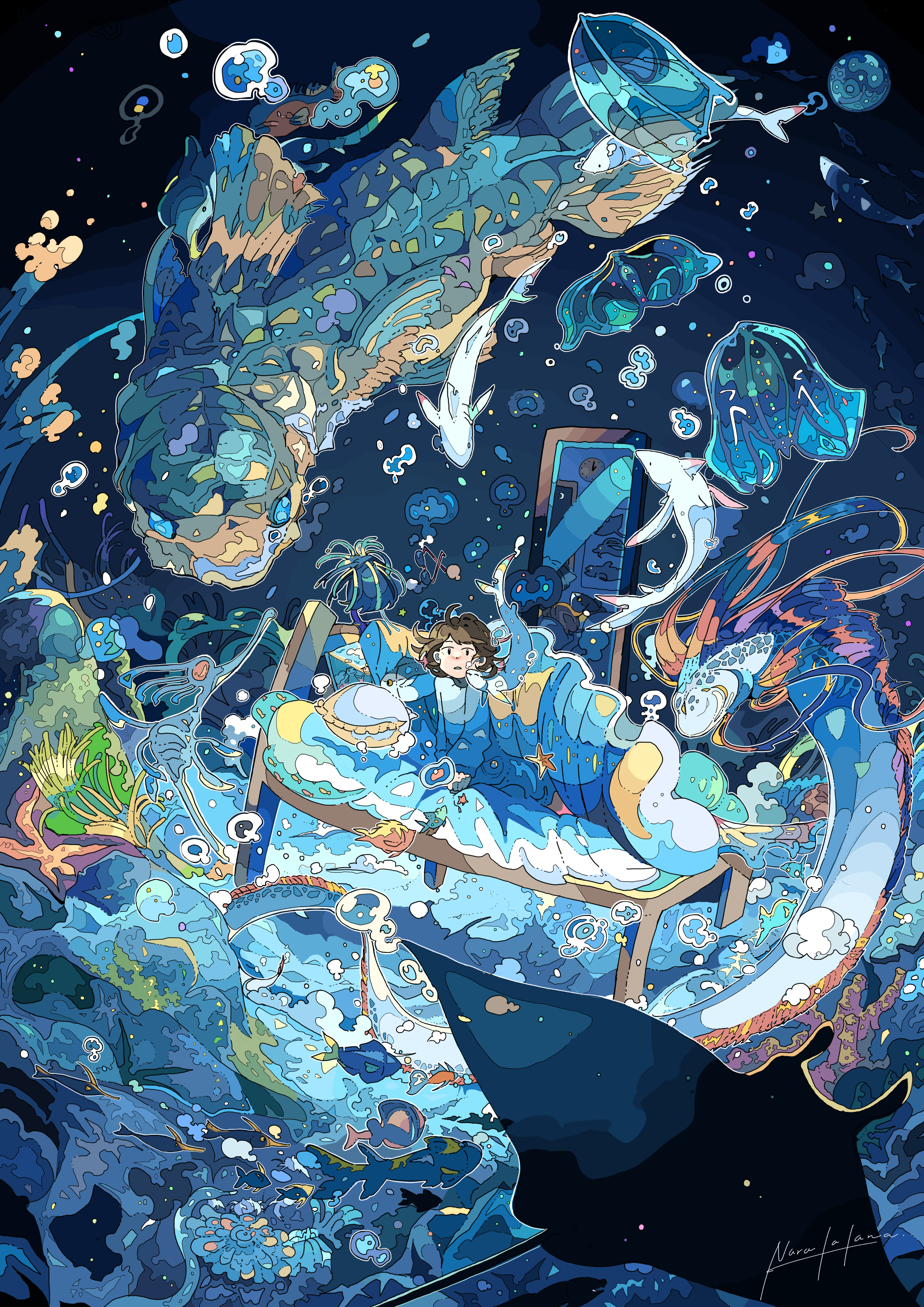 Anime 2894x4093 Pixiv anime girls portrait display digital art looking at viewer bed brunette signature fish animals