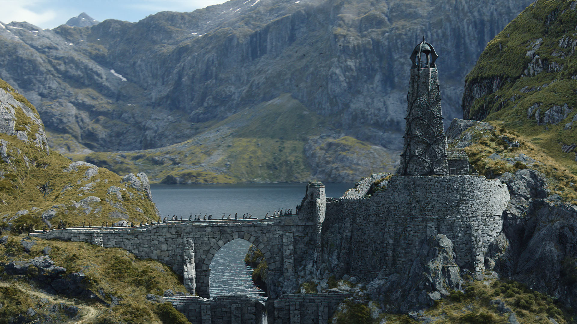 General 1920x1080 The Lord of the Rings Rings of Power TV series bridge film stills lake mountains water tower