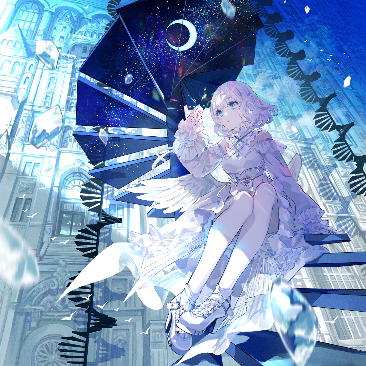 Anime 1500x1500 anime Pixiv anime girls Moon crescent moon sky stars dress sitting stairs short hair white hair blue eyes building Fuji Choko wings