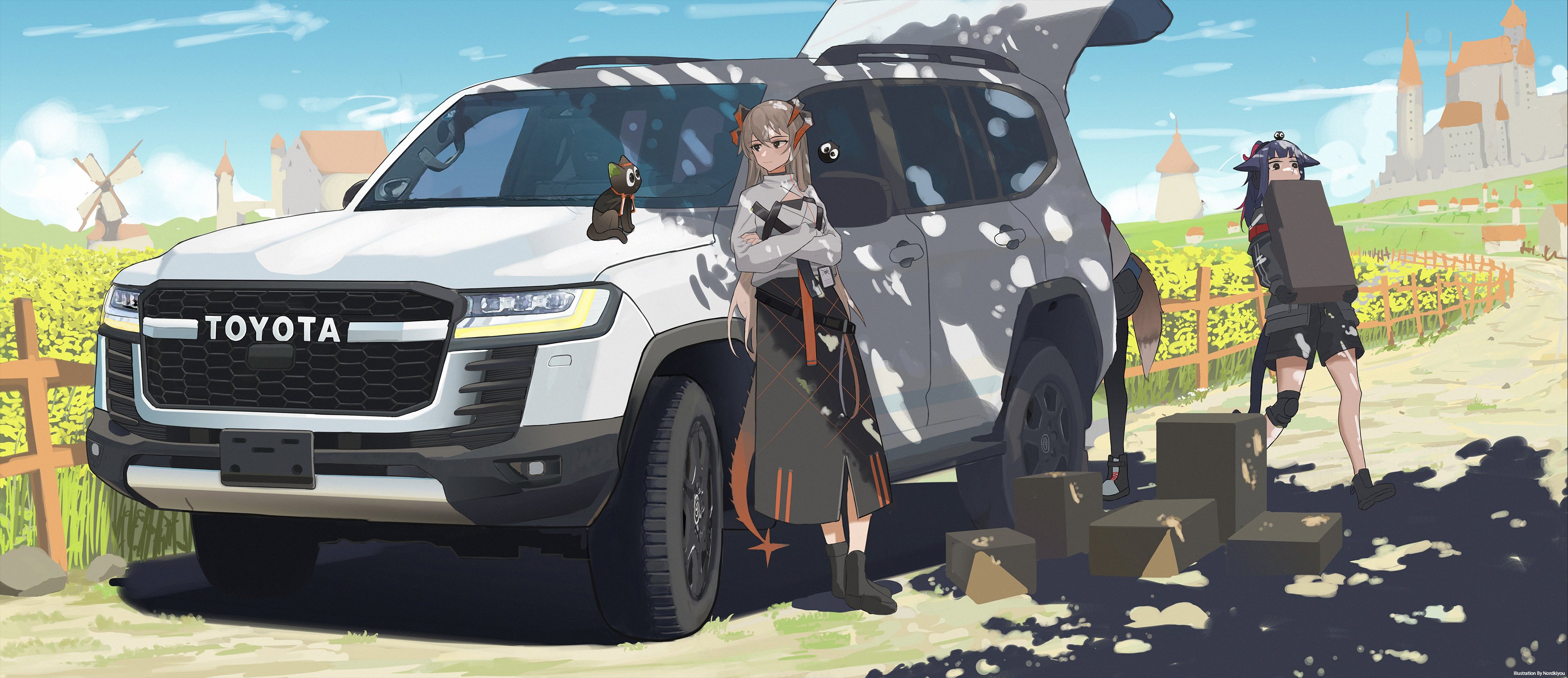 Anime 3558x1539 Arknights anime girls sunlight standing cats sky clouds frontal view long hair windmill Toyota saria (arknights) box Jessica(Arknights) vehicle watermarked