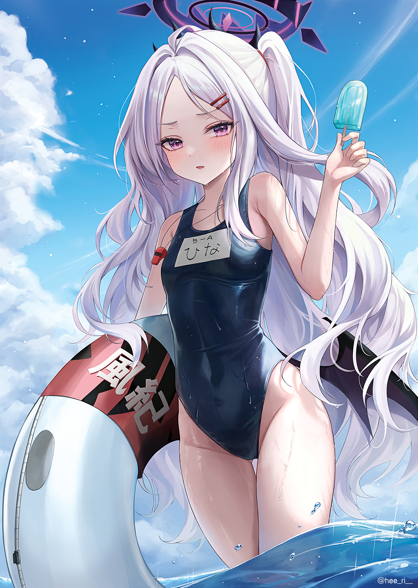 Anime 1440x2025 Sorasaki Hina (Blue Archive) Blue Archive white hair swimwear school swimsuits anime girl with wings anime girls purple eyes portrait display long hair looking at viewer water standing in water thighs wet wet body popsicle sky clouds floater one-piece swimsuit wings sunlight watermarked whistle