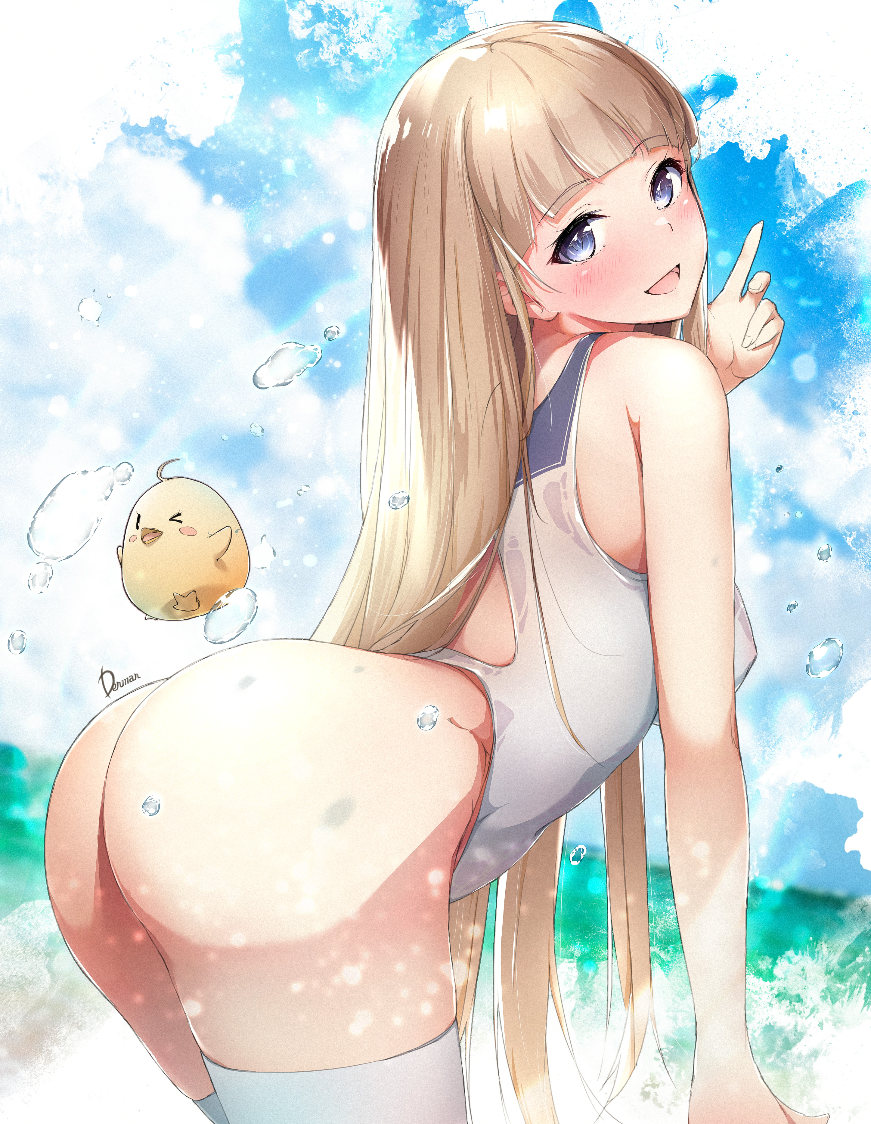 Anime 2894x3735 Azur Lane swimwear anime girls portrait display Icarus (Azur Lane) water Manjuu (Azur Lane) sky thick ass white swimsuit long hair head tilt thigh-highs thick thigh ass looking at viewer looking back blushing blue eyes water drops one-piece swimsuit thighs looking sideways boobs bent over one arm up Dermar white thigh highs wet swimsuit smiling wet body outdoors blurry background wet clouds signature ecchi