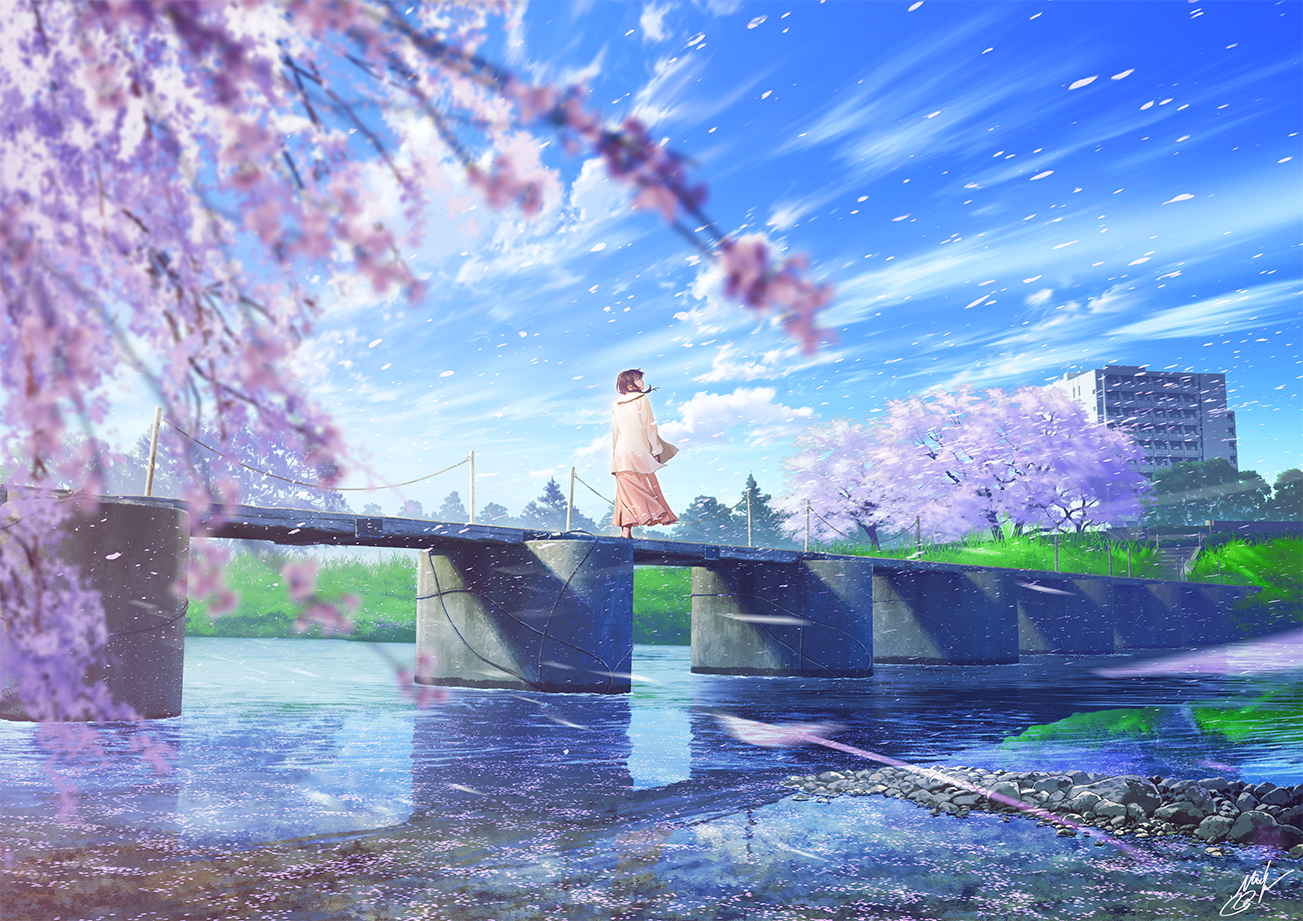 Anime 1303x921 anime anime girls bridge cherry blossom water reflection sky clouds trees building signature standing wind hair blowing in the wind rocks looking up digital art flowers