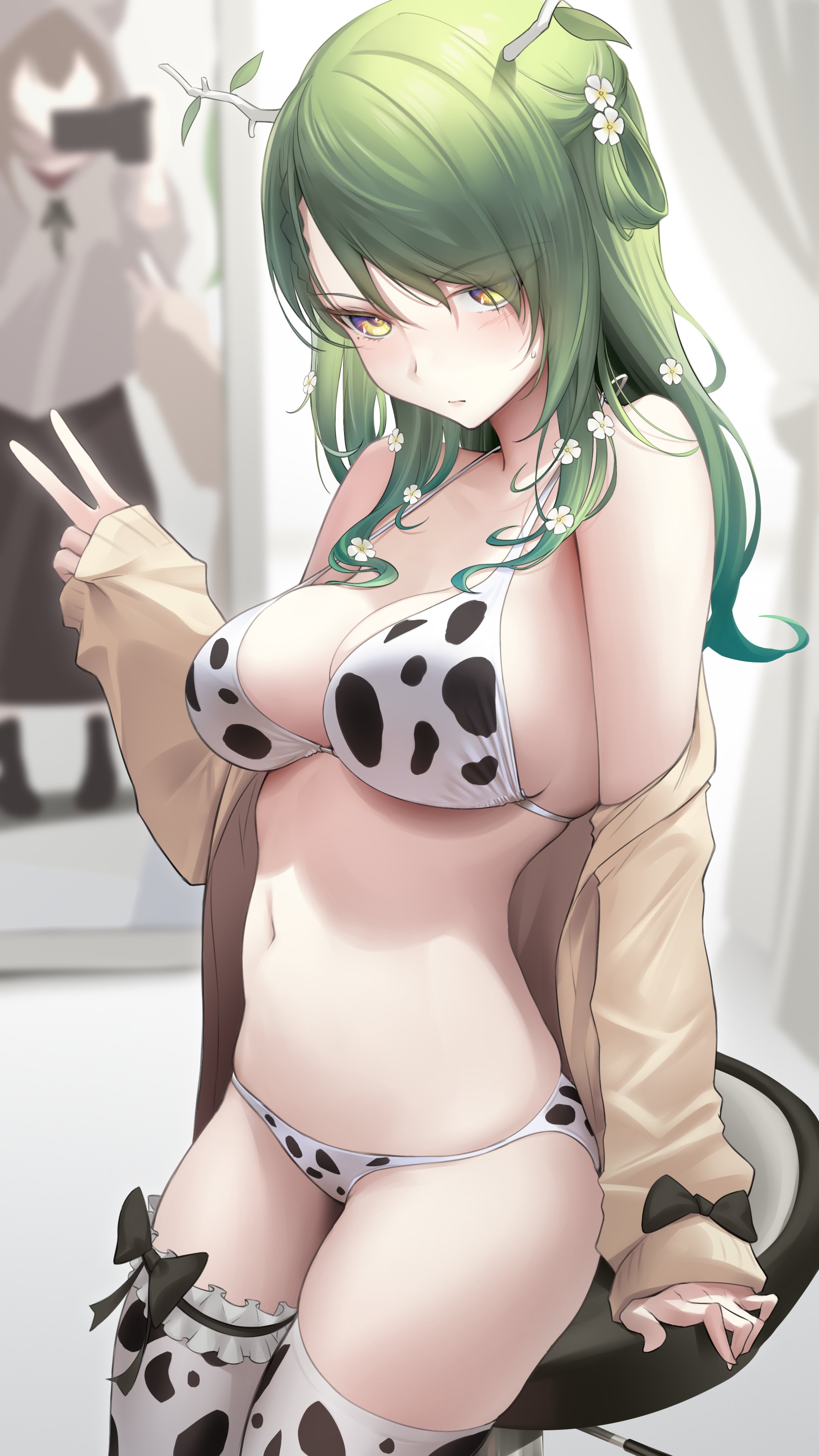 Anime 2160x3840 anime anime girls Virtual Youtuber Hololive Ceres Fauna peace sign cowkinis bikini cardigan belly green hair yellow eyes flower in hair thigh-highs portrait display big boobs looking at viewer belly button
