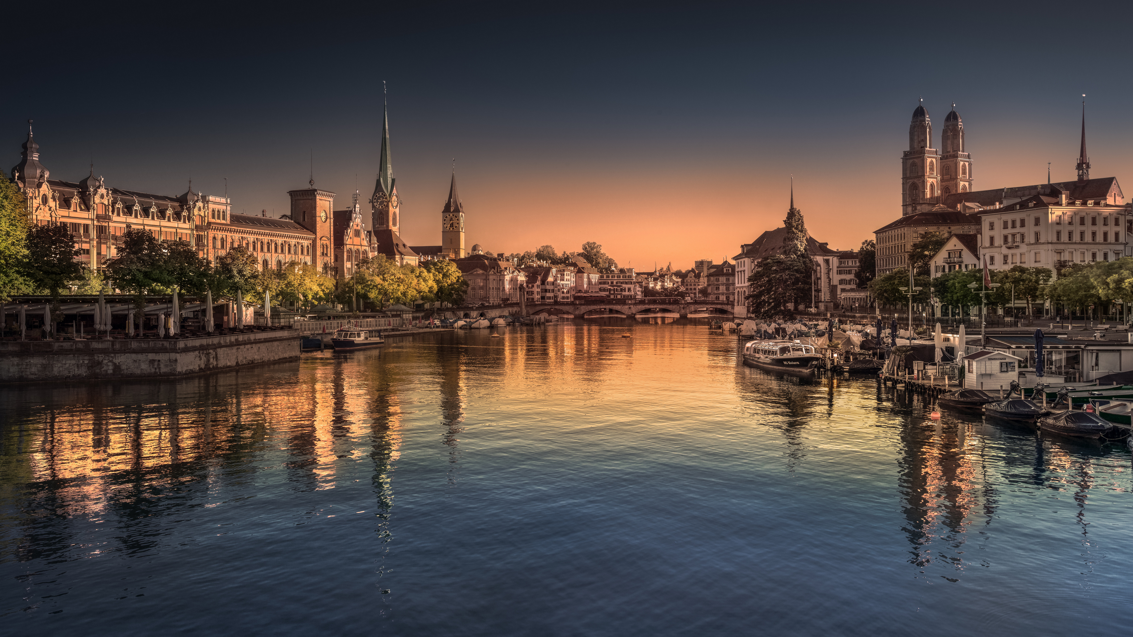 General 3840x2160 Switzerland Zurich  morning city river sunrise reflection sky building water ship