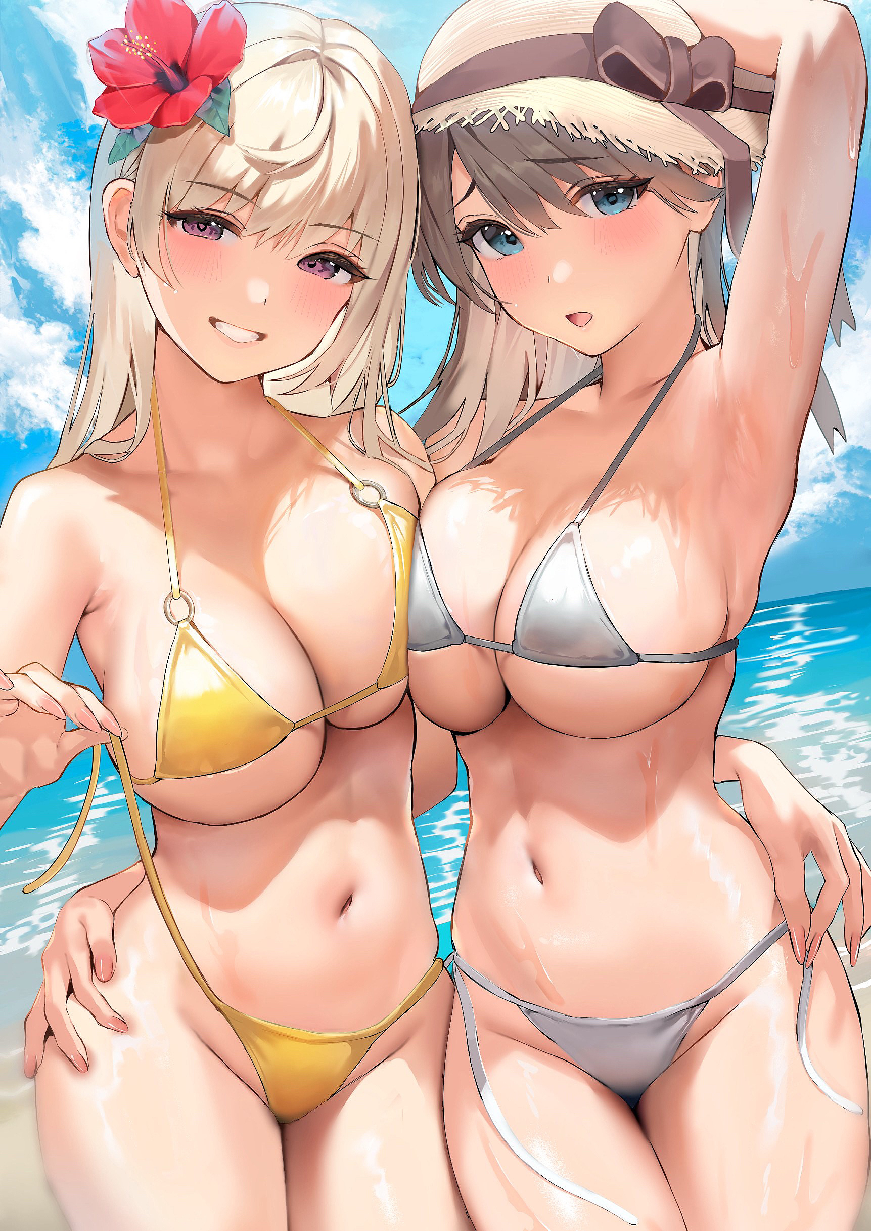 Anime 1723x2433 anime girls portrait display two women swimwear bikini looking at viewer yellow bikini gray bikini boobs on boobs flowers big boobs undressing cleavage one arm up armpits hibiscus open mouth smiling sun hats straw hat hat belly button Inushima belly blonde long hair blue eyes brown eyes brunette flower in hair wet body hands on ass water clouds sky hands on hips