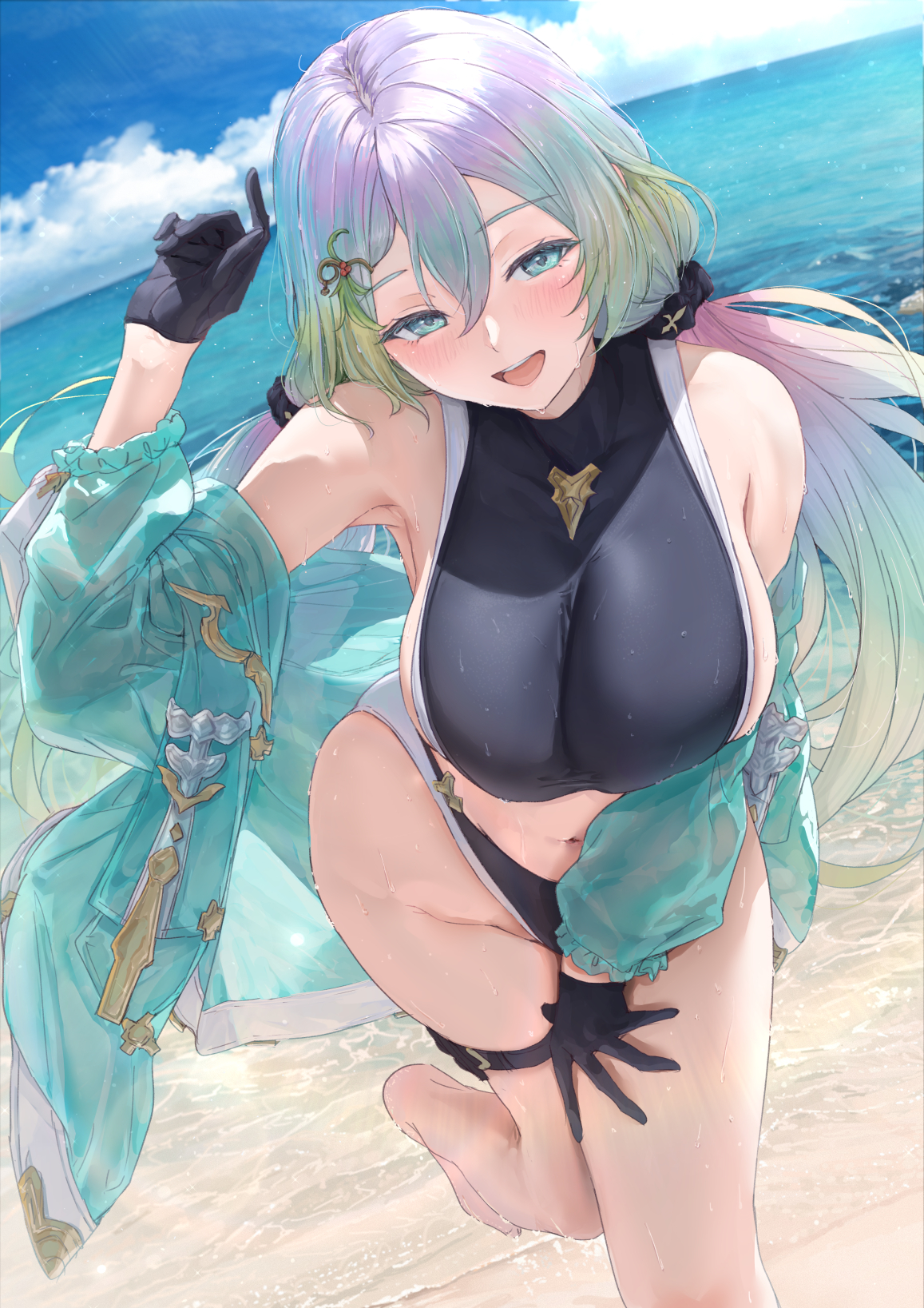 Anime 1157x1637 Granblue Fantasy beach Cupitan (Granblue Fantasy) Akita Hika portrait display anime girls swimwear women on beach water huge breasts sideboob long hair wet swimsuit wet body black gloves see-through clothing wet multi-colored hair smiling gradient hair belly button blue eyes looking at viewer thigh strap hair ornament blushing hand on thigh outdoors open mouth thighs belly sea gloves armpits legs