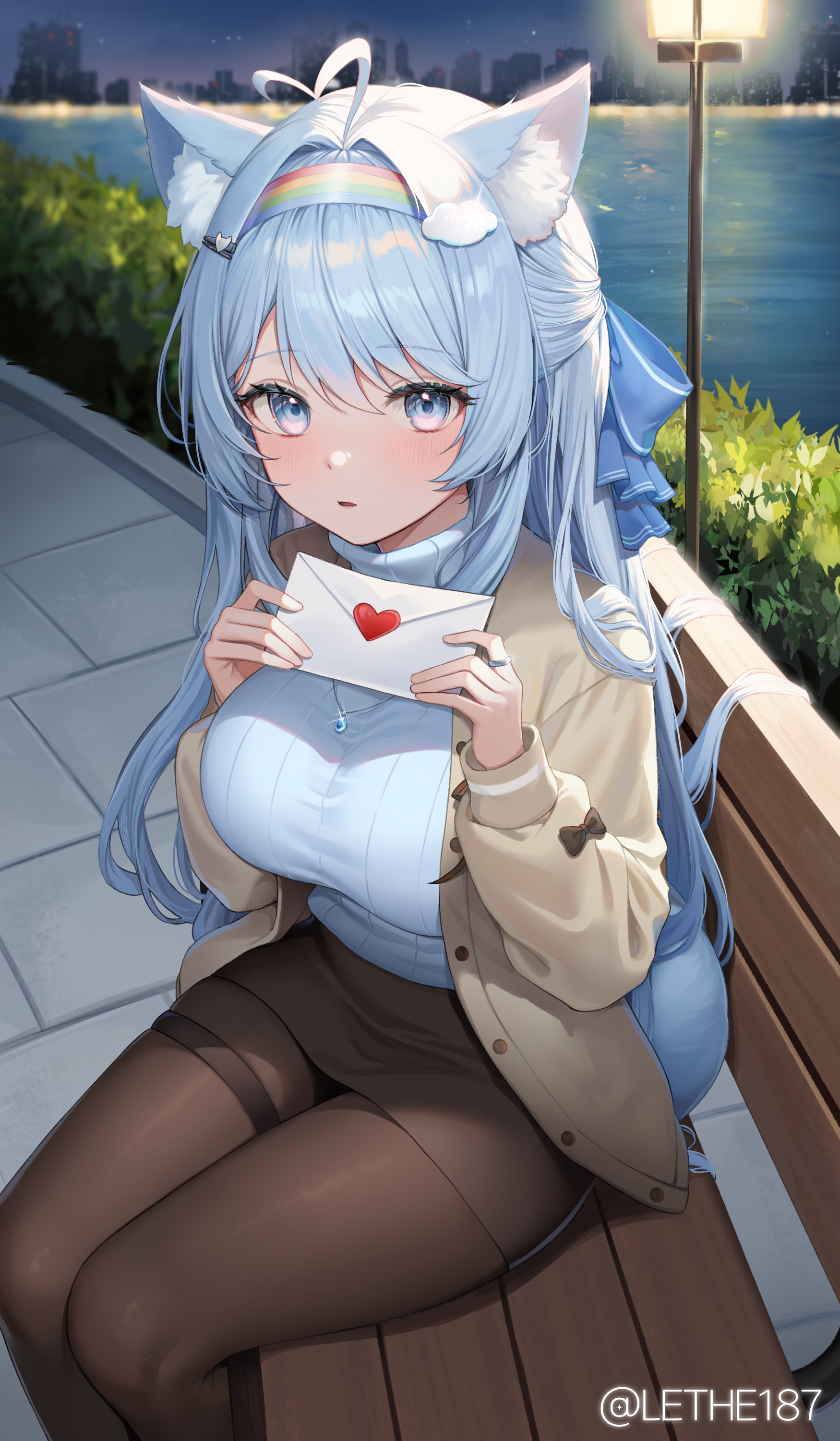 Anime 1750x3000 anime anime girls original characters Lethe letter animal ears bench sitting blue hair blue eyes long hair pantyhose portrait display rings turtlenecks blushing watermarked cat girl cat ears looking at viewer water night necklace