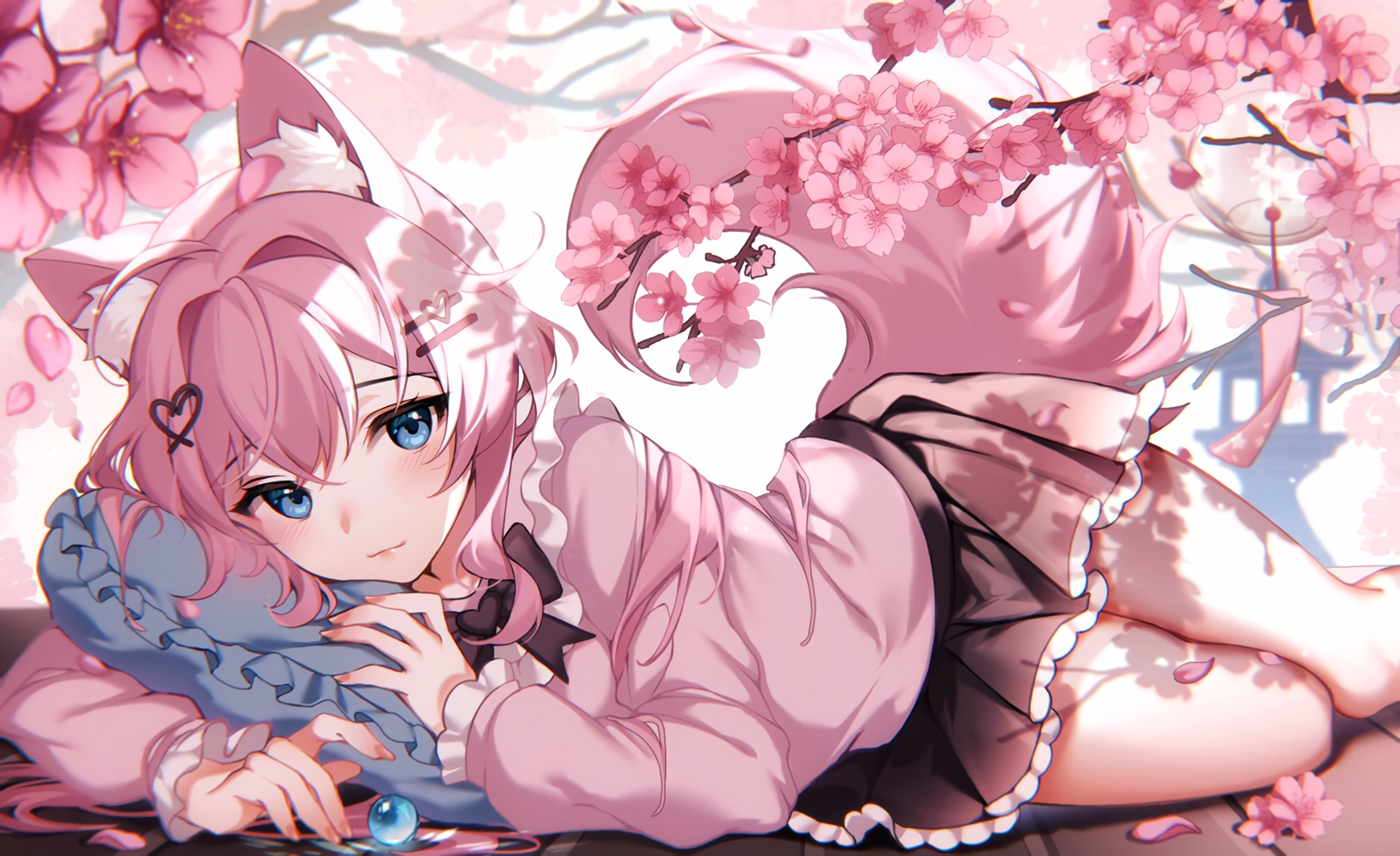 Anime 1638x1001 anime anime girls fox girl fox ears fox tail looking at viewer lying down petals flowers branch pink hair blue eyes pillow lying on side long hair bow tie