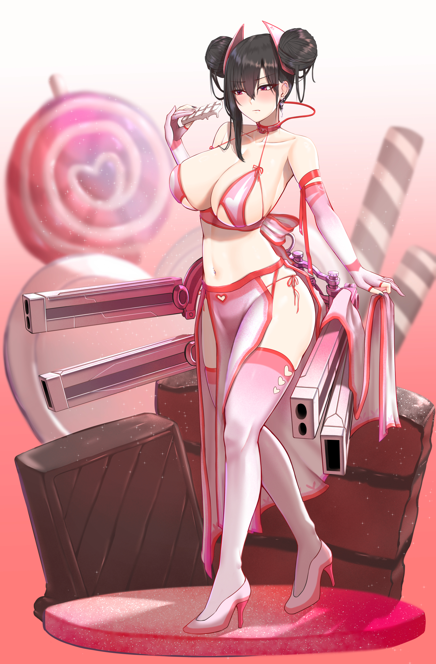 Anime 1500x2283 anime anime girls Agent (Girls Frontline) food Girls Frontline Popoman chocolate twin buns hairbun gloves belly pierced navel cleavage big boobs melting weapon black hair red eyes sparkles standing earring stockings heels portrait display