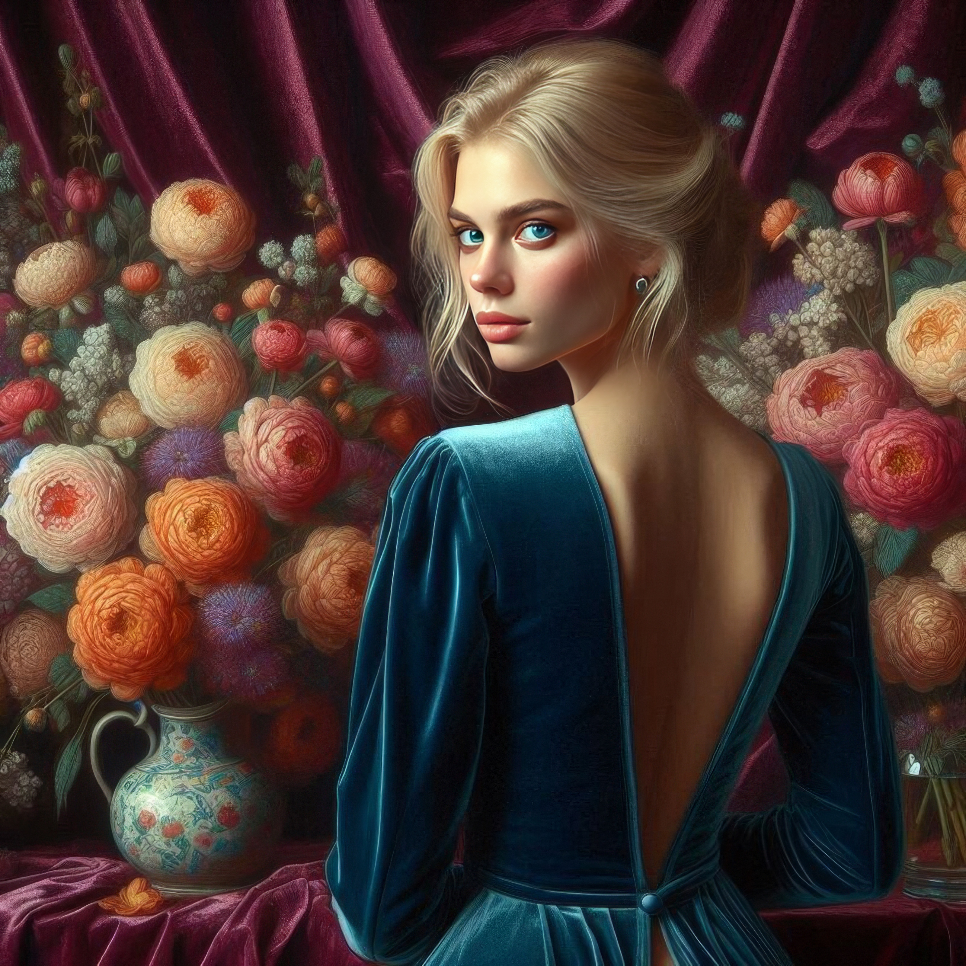 General 3200x3200 AI art women Dutch Still Life blonde flowers painting blue eyes