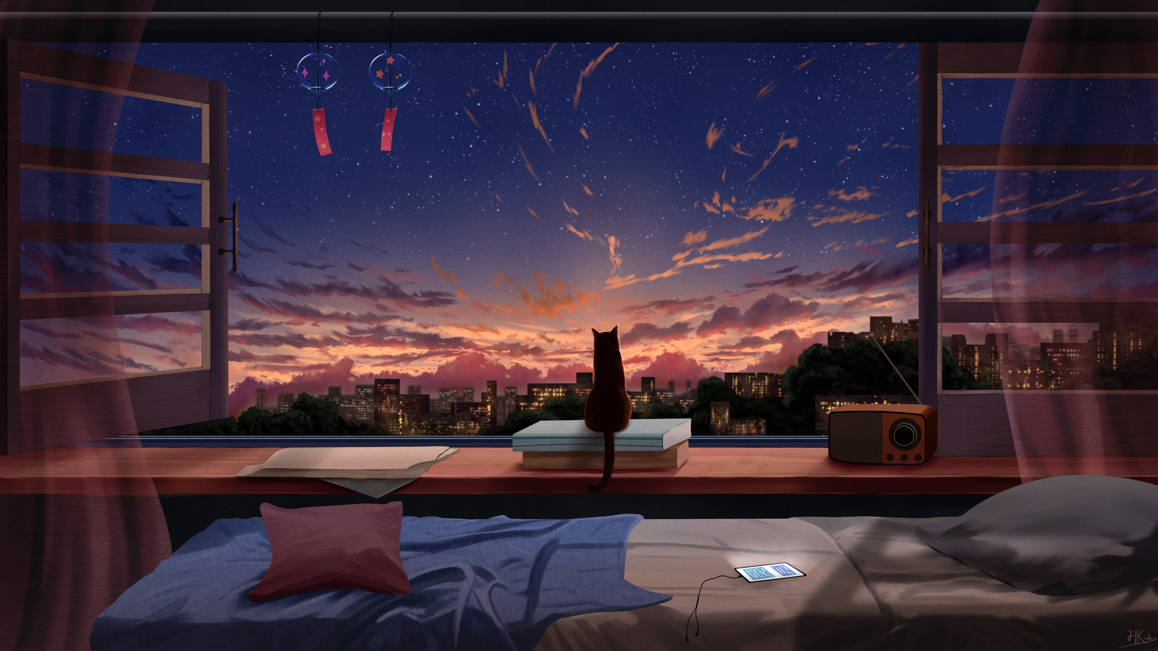General 3840x2160 digital art artwork illustration sunset sky clouds stars window interior city cityscape bed room wind chimes starred sky signature animals HKcutie cats 4K building phone pillow sunset glow sunlight natural light