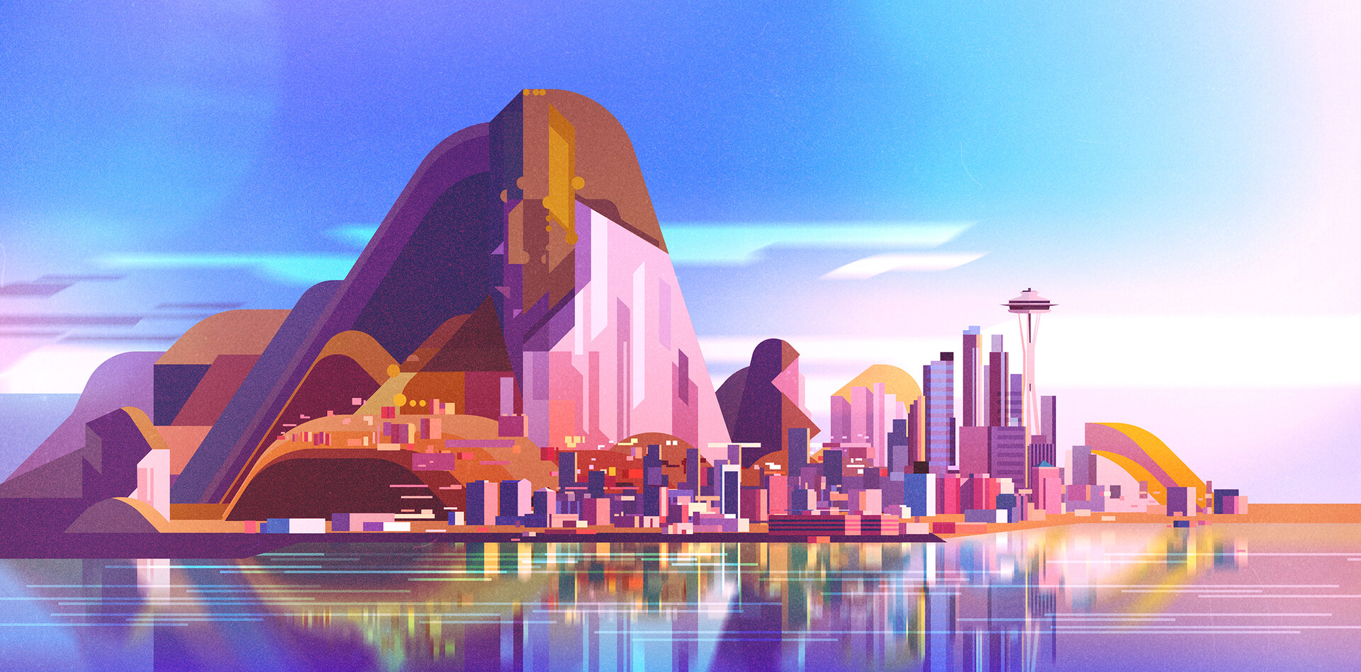 General 1920x949 pink mountains water reflection sky city building skyscraper James Gilleard