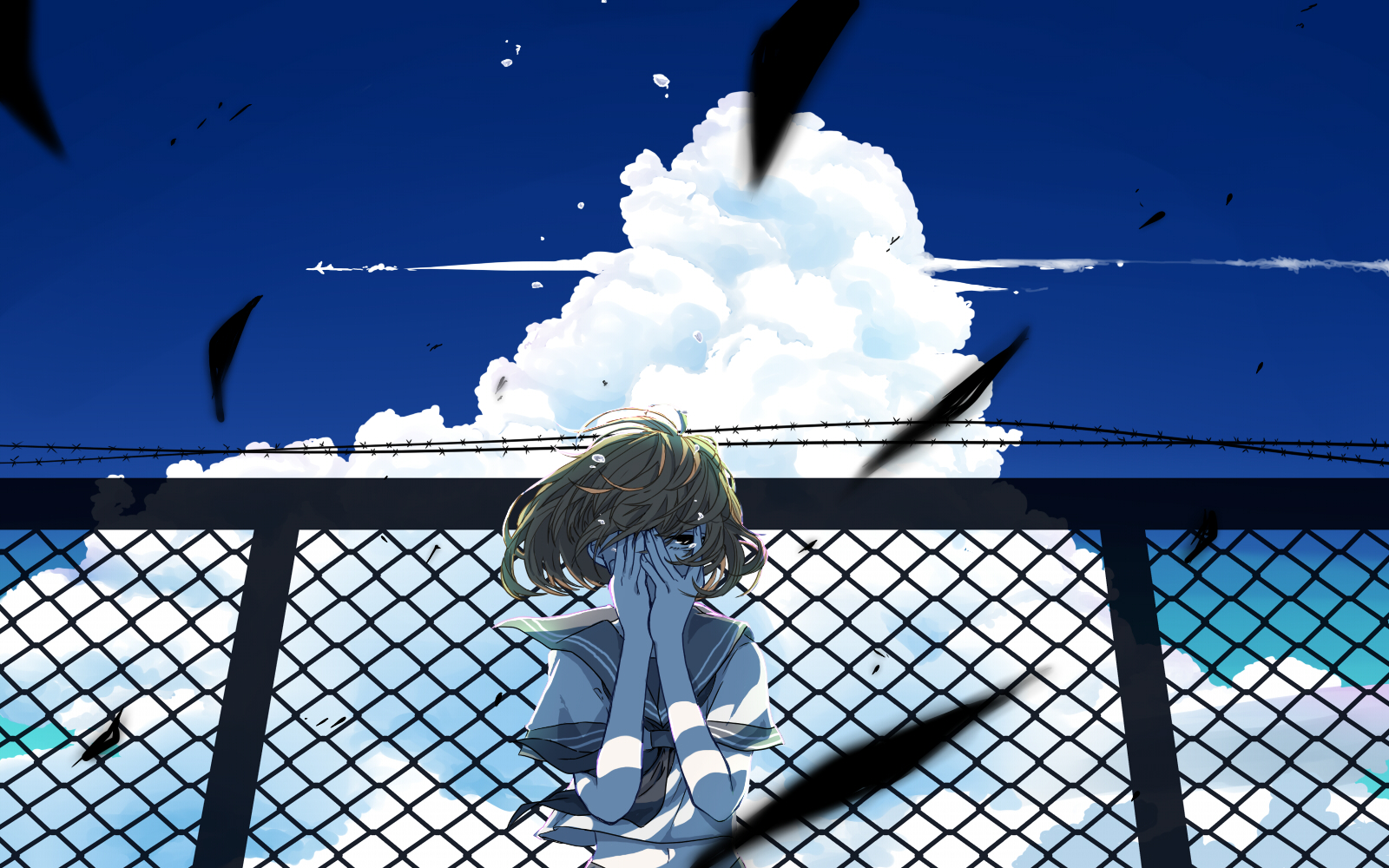 Anime 1600x1000 clouds anime girls fence sky rooftops school uniform anime