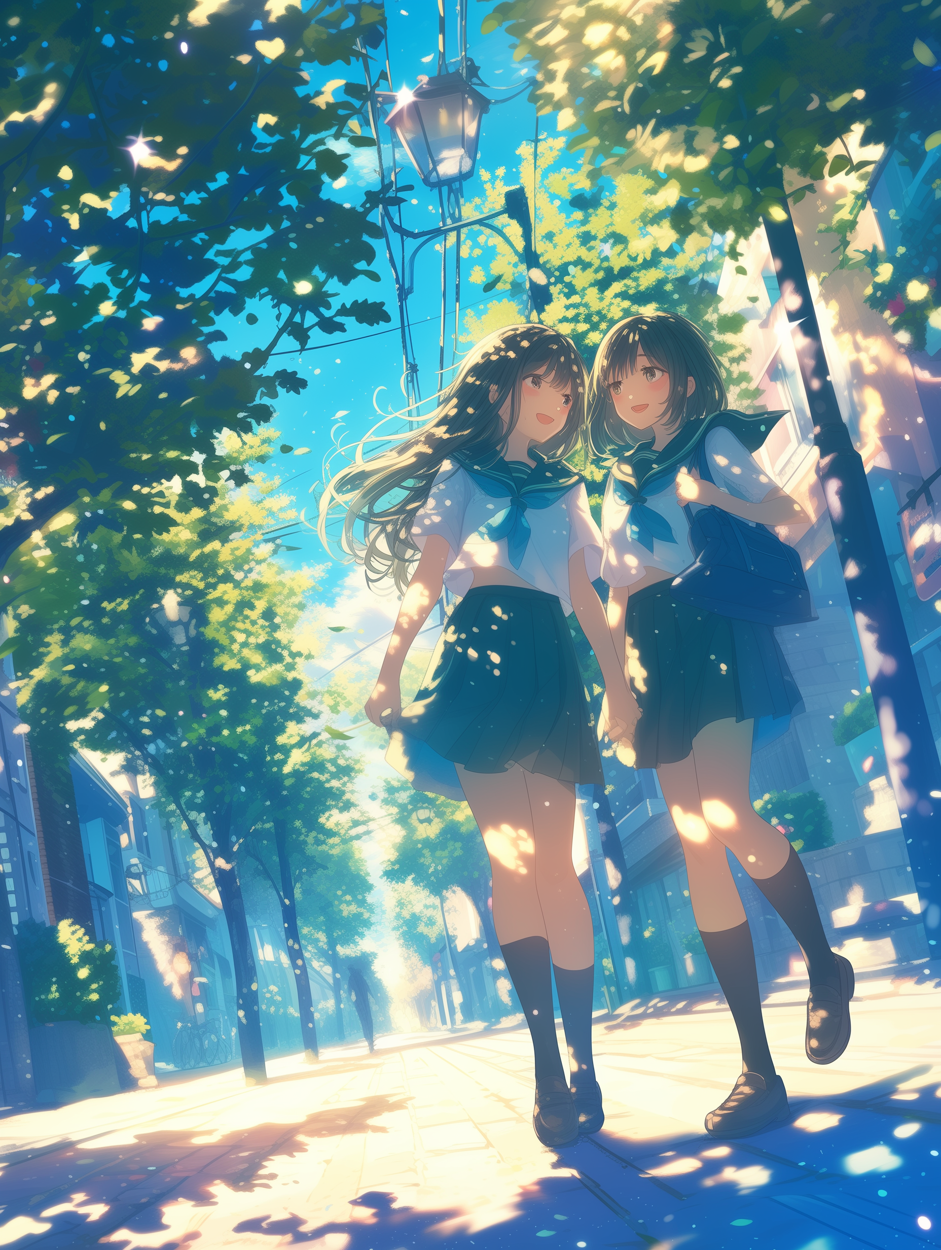 Anime 1856x2464 AI art anime anime girls original characters long hair shoulder length hair black hair school uniform two women twins artwork digital art
