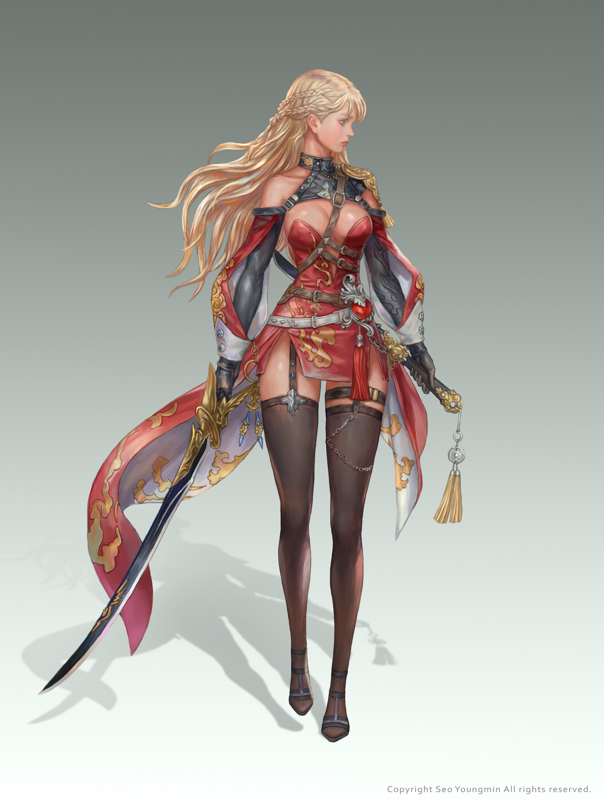 General 1920x2560 Youngmin Seo drawing women warrior sword red clothing