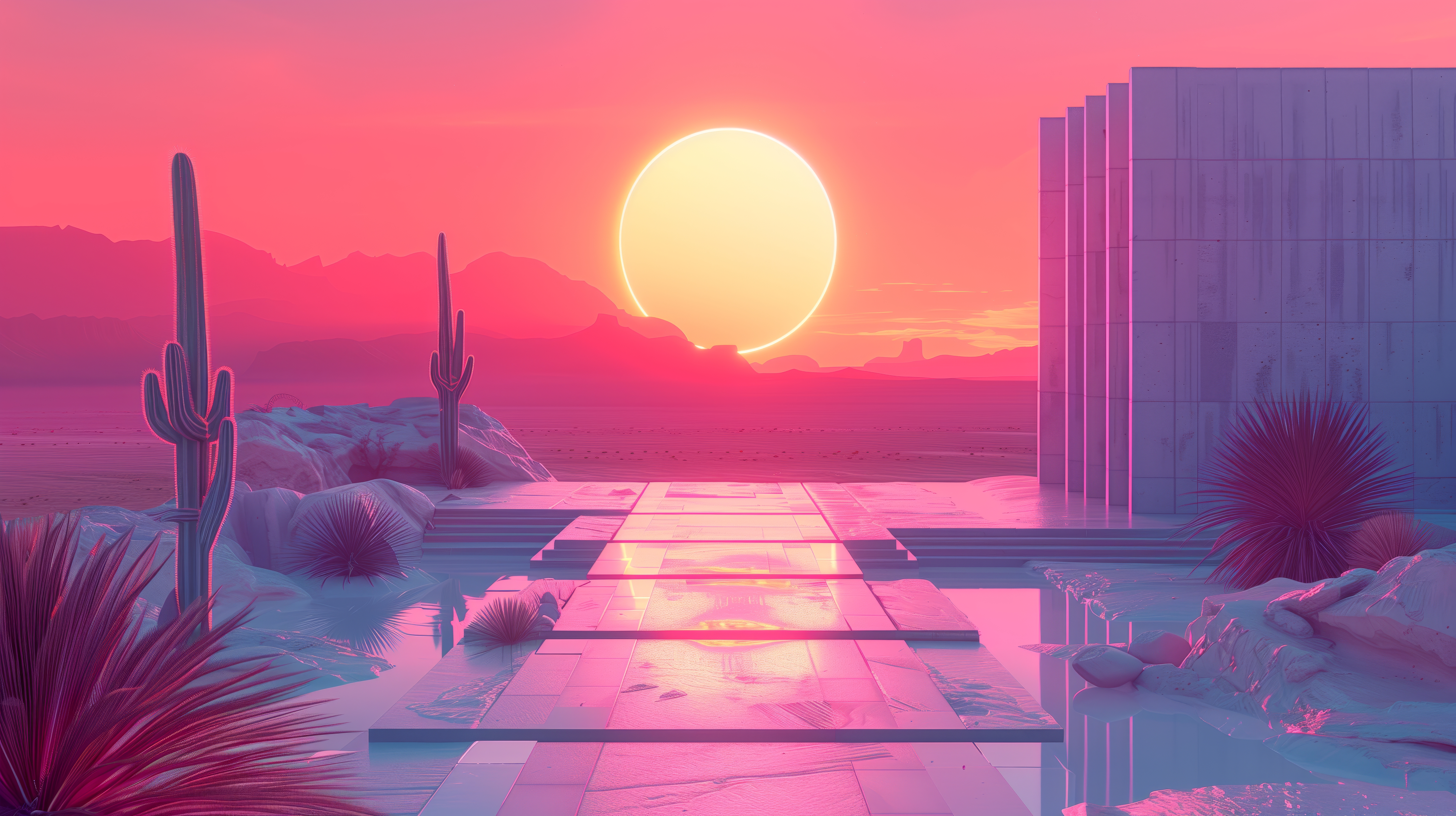 General 5824x3264 AI art synthwave pastel pink sunset desert illustration