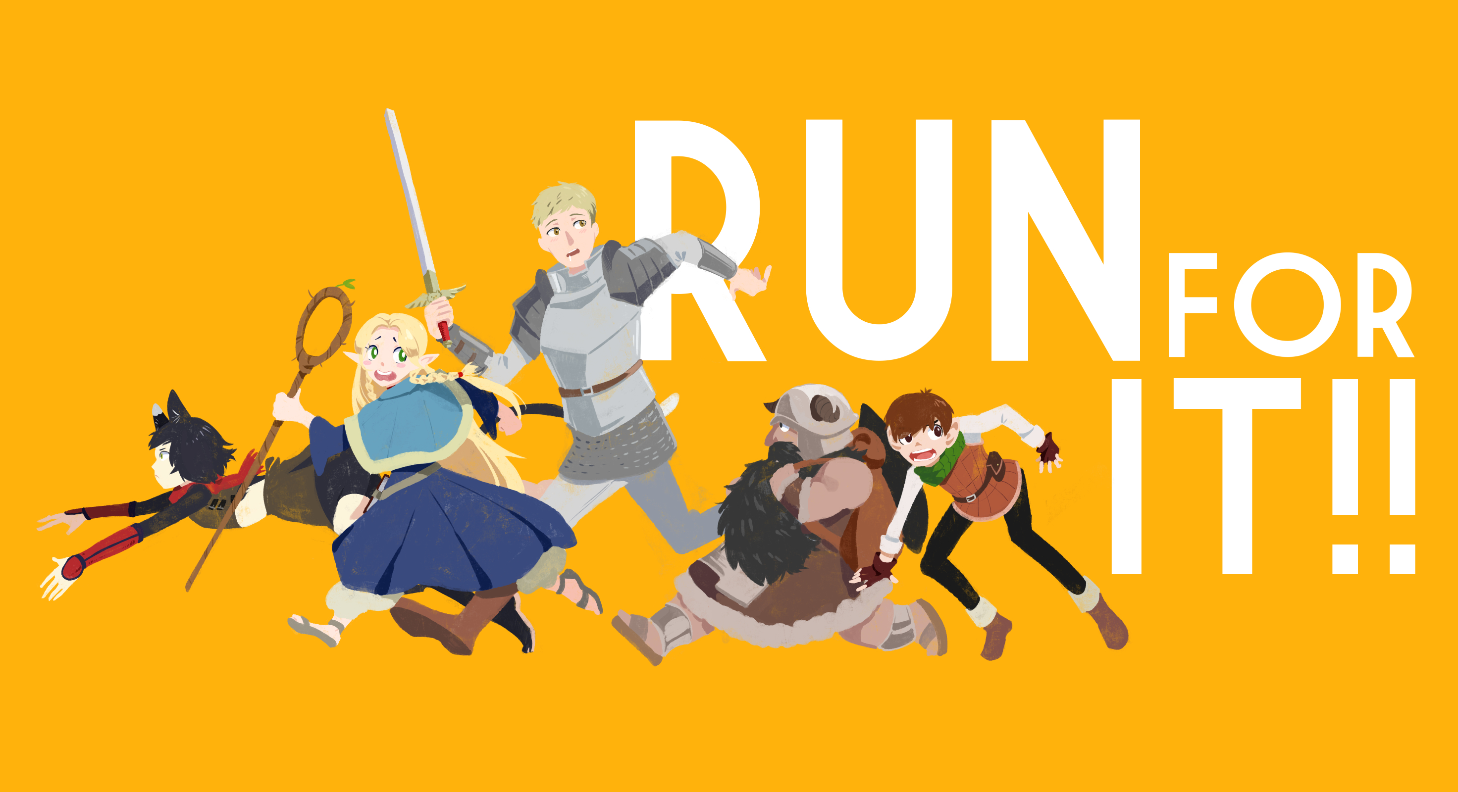 Anime 2944x1600 anime anime girls anime boys Delicious in Dungeon Marcille Donato Laios Thorden Senshi (Delicious in Dungeon) Chilchuck Tims Izutsumi (Delicious in Dungeon) blonde long hair short hair animal ears elves pointy ears running armor dwarf simple background