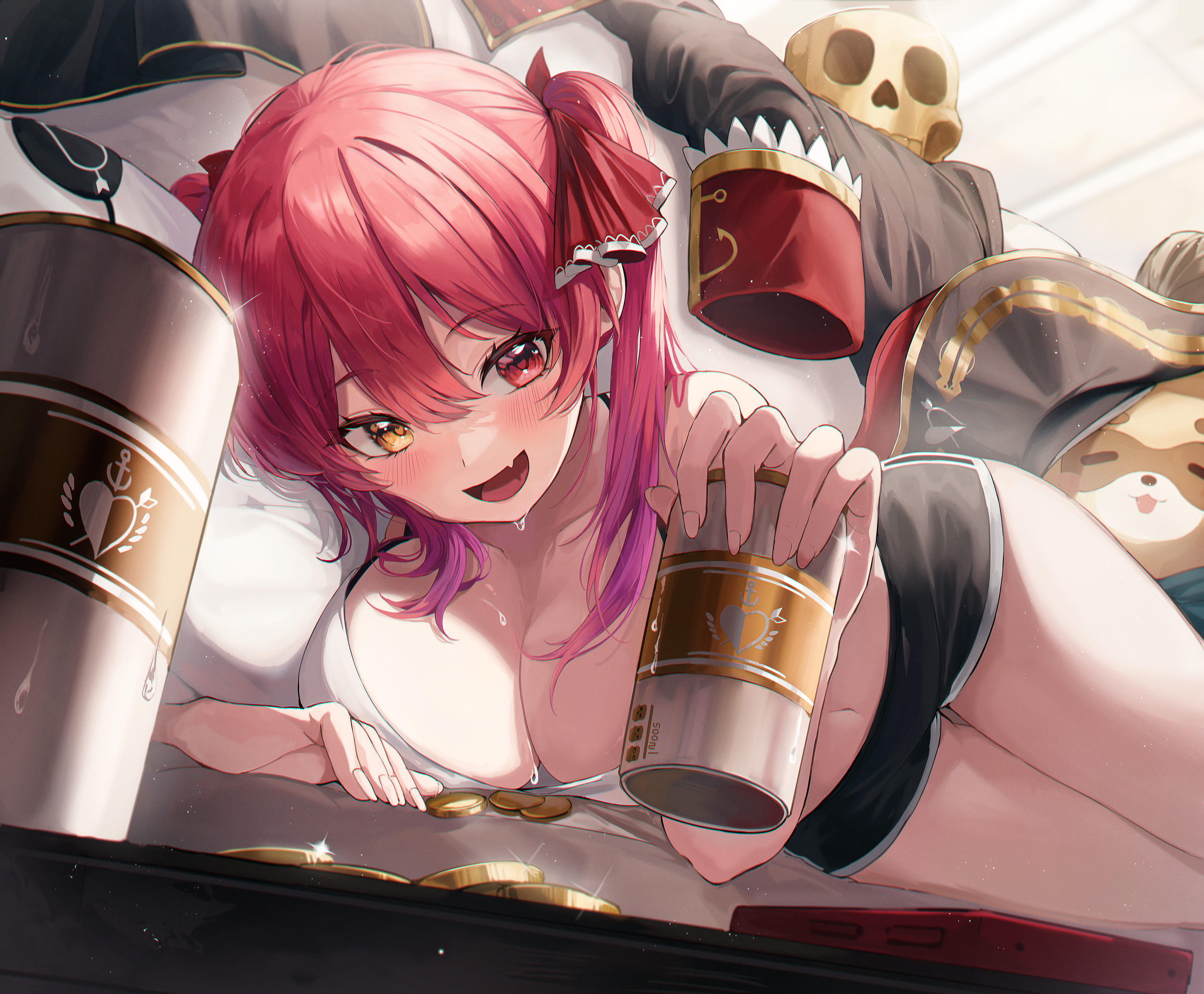 Anime 3364x2777 anime anime girls redhead heterochromia big boobs sweaty body sweat beer cleavage short shorts Houshou Marine low-angle looking below gold coins Hololive Virtual Youtuber 2GONG