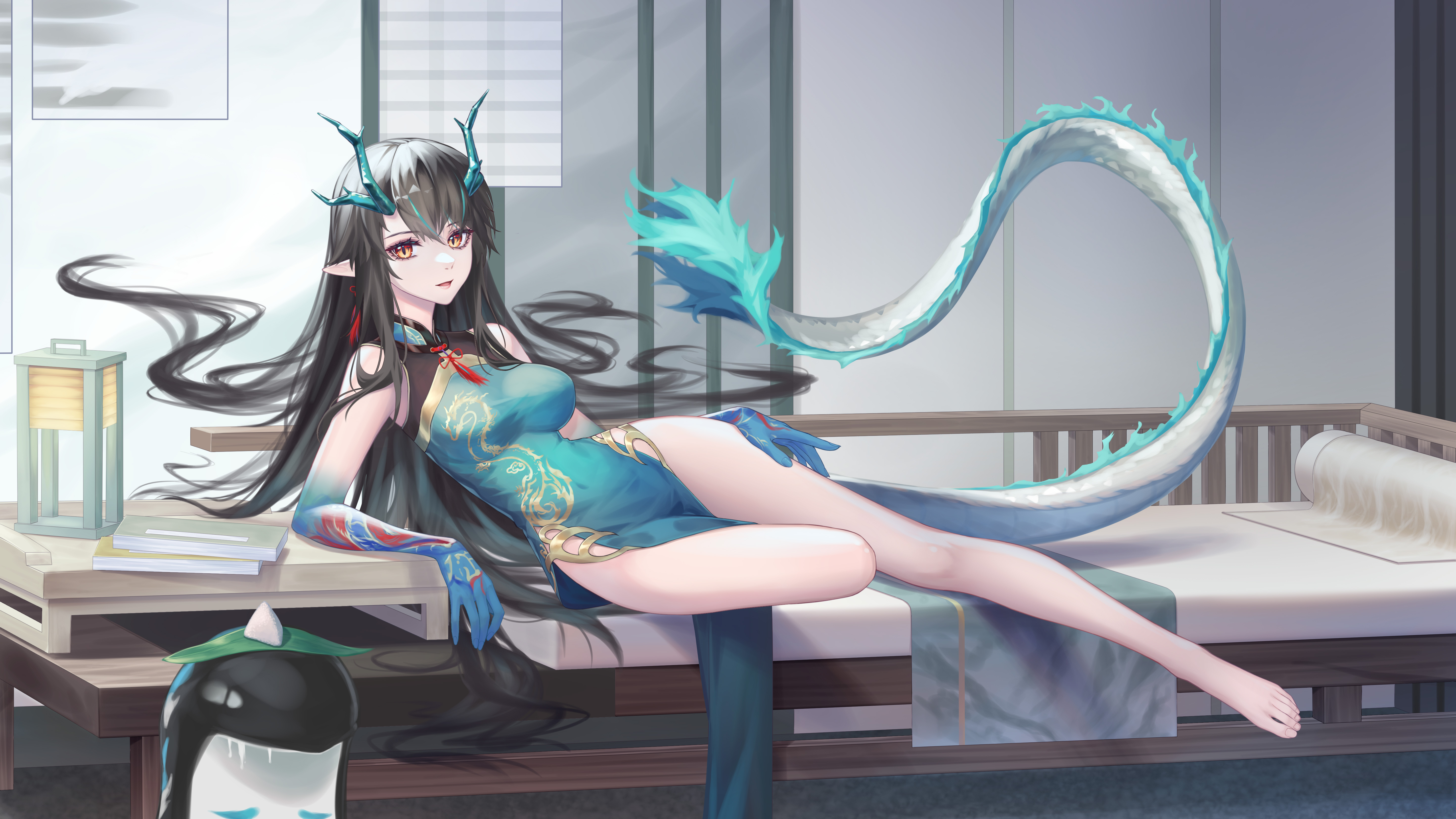 Anime 5760x3240 anime dragon girl tail horns pointy ears dress long hair